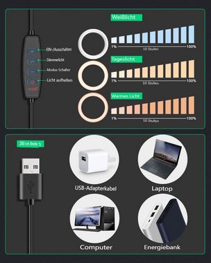 BLiTZWOLF Ringlicht 8 Zoll LED Ringleuchte &Handyhalter 3 Farben 10 Helligkeitsstufen, 360°drehbar, 3300–6000K für Make-up,Live-Streaming,YouTube,Fotografie