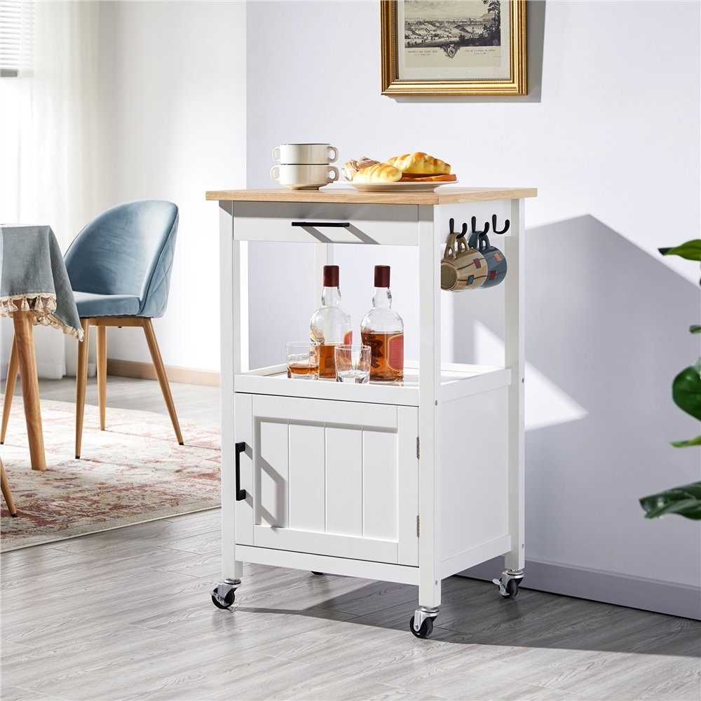 Yaheetech Küchenwagen, Getränkewagen auf Rollen, Servierwagen mit Schrank und Ablage, Sideboard Beistelltisch Rollwagen 55 x 45 x 89 cm, Küchentrolley im Landhausstil, Trolleywagen Weiß