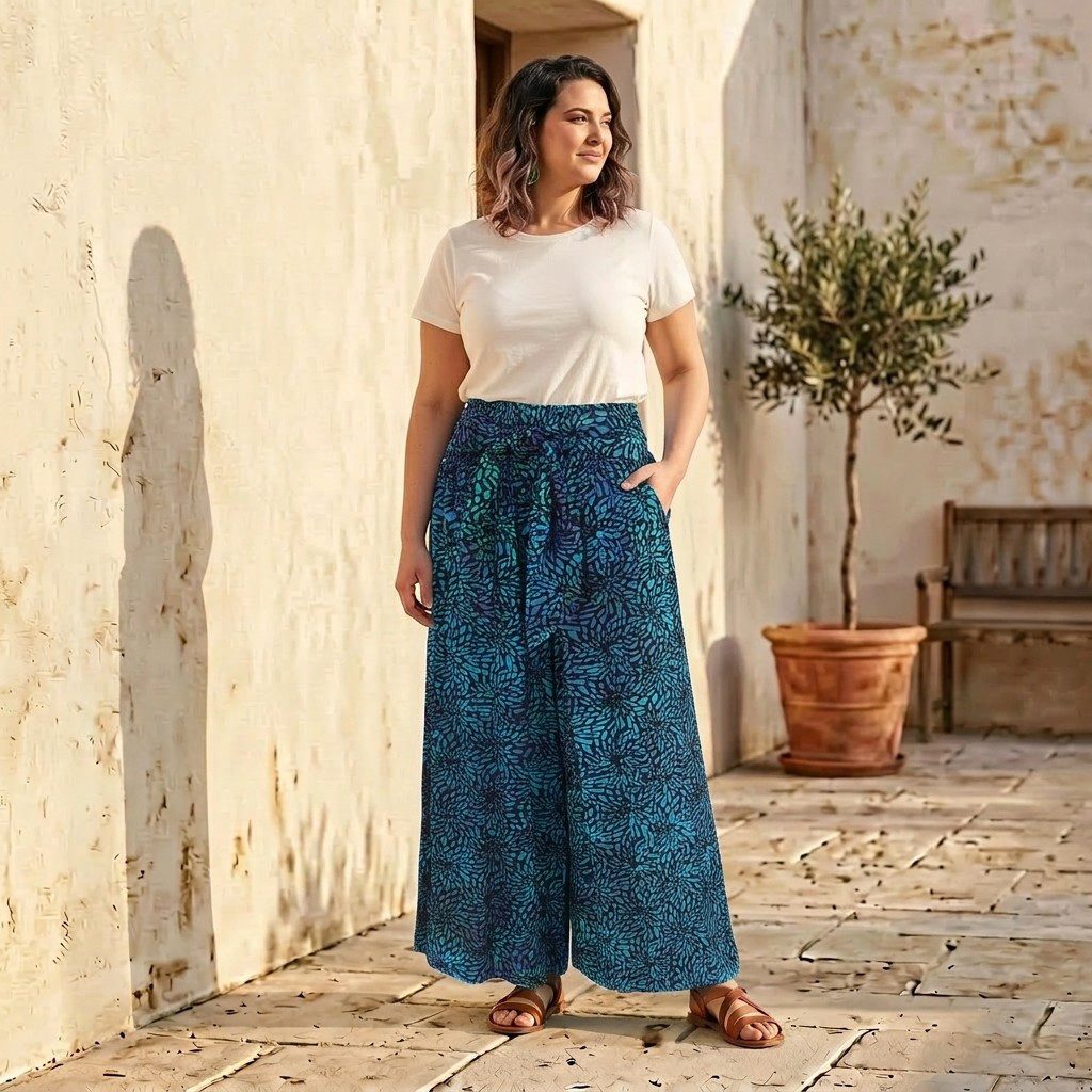 Guru-Shop Relaxhose Palazzohose mit breitem Bund, Wachsbatik.. alternative Bekleidung – Bild 4 von 5