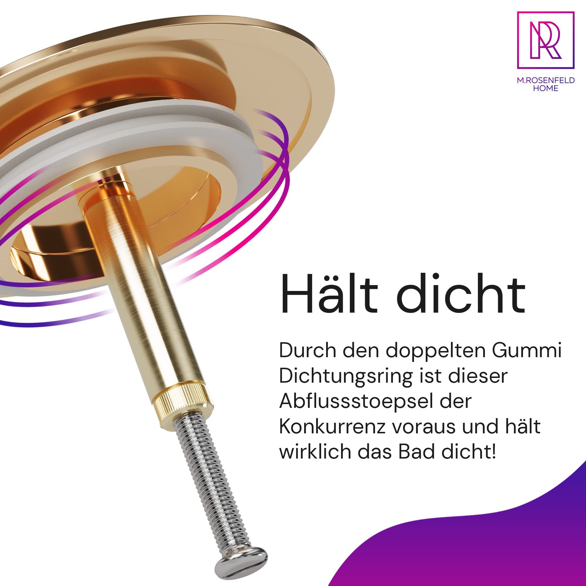 M. Rosenfeld Badewannenstöpsel Ø 72 - Gold Stöpsel Badewanne Gold aus Messing mit Doppel Dichtung, Rostfrei Badewannen Stöpsel Verschluss Badezimmer zubehör