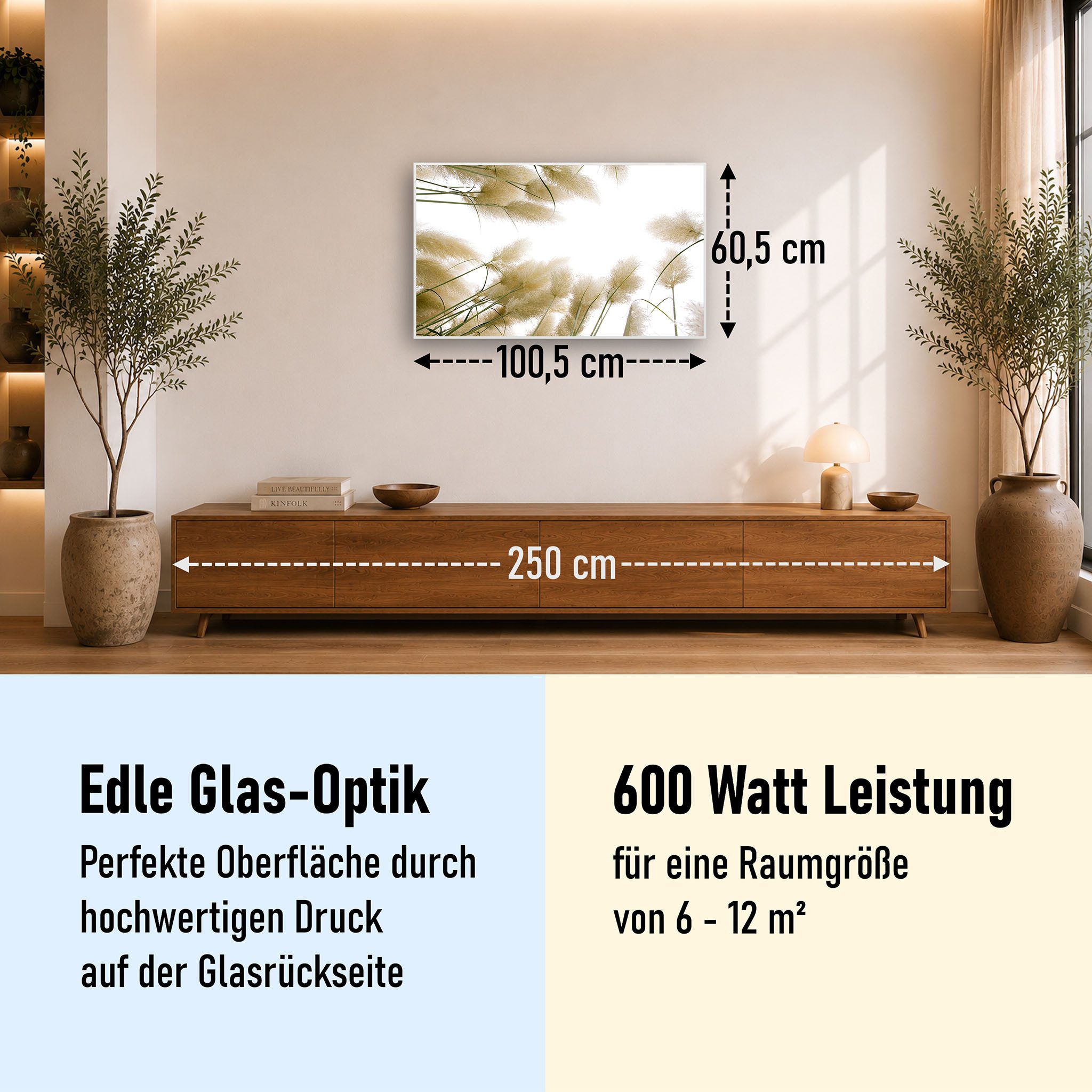 STEINFELD Heizsysteme Infrarotheizung Glas-Bild 600W, 100x60cm, Made in Germany, 7 Jahre Garantie, mit Thermostat, Silber