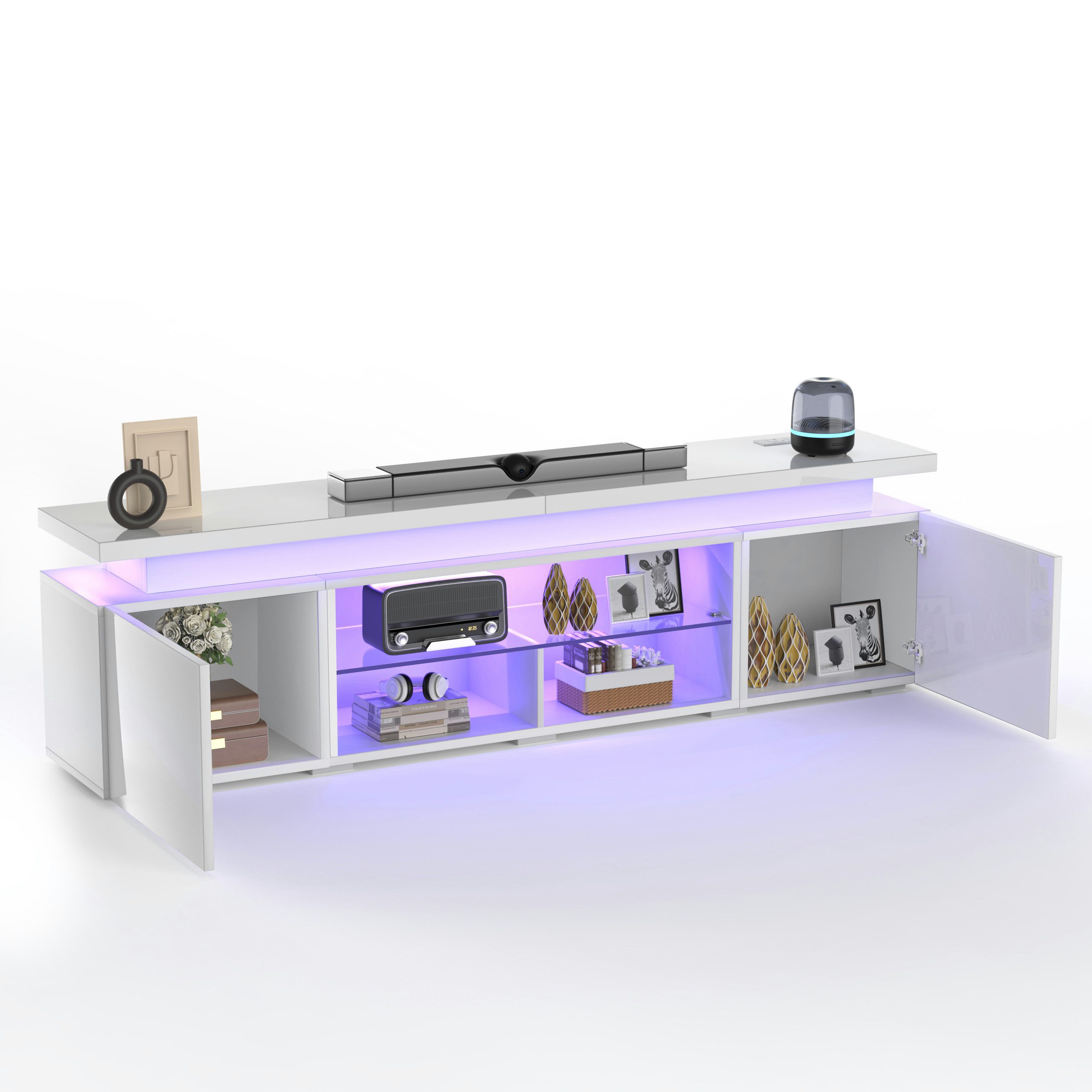 oyajia Lowboard TV-Schrank, Fernsehschrank mit RGB-LED und Steckdosen (für Fernseher bis 75 Zoll), TV-Schrank mit Mit 2 Türen, Regalen und viel Stauraum, 185x35x49cm
