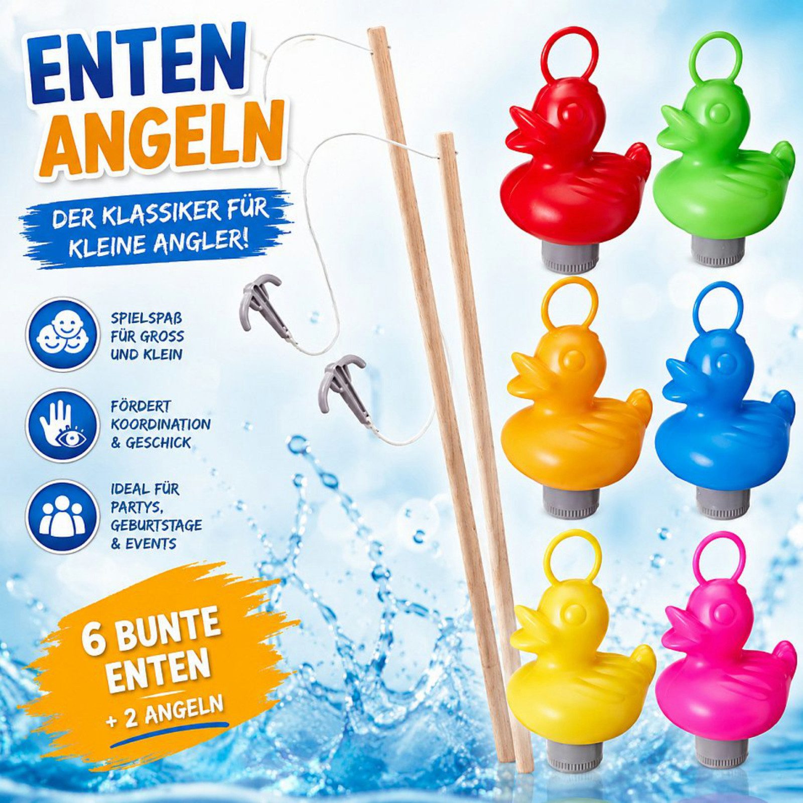 Koopman Badespielzeug Entenangeln 8 Tlg. Ente ca. 10 cm Kinderspiel (8-tlg), Kunststoffenten, 6 Enten, Holzangeln, 2 Angeln, Enten beschwert