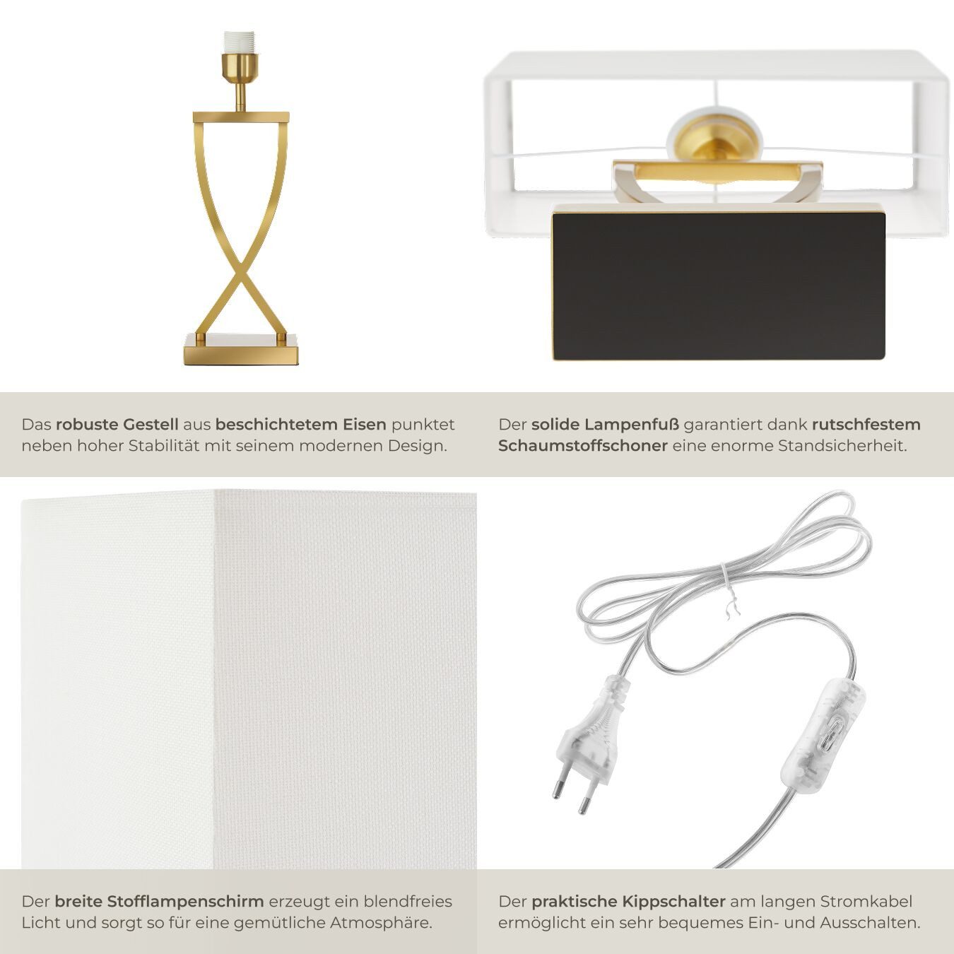 tectake Schreibtischlampe Tischleuchte mit beschichtetem Eisengestell, 27 x 12 x 51,5 cm, Stabil, nicht relevant, Kippschalter am Kabel, stabiler Lampenfuß mit  – Bild 4 von 5