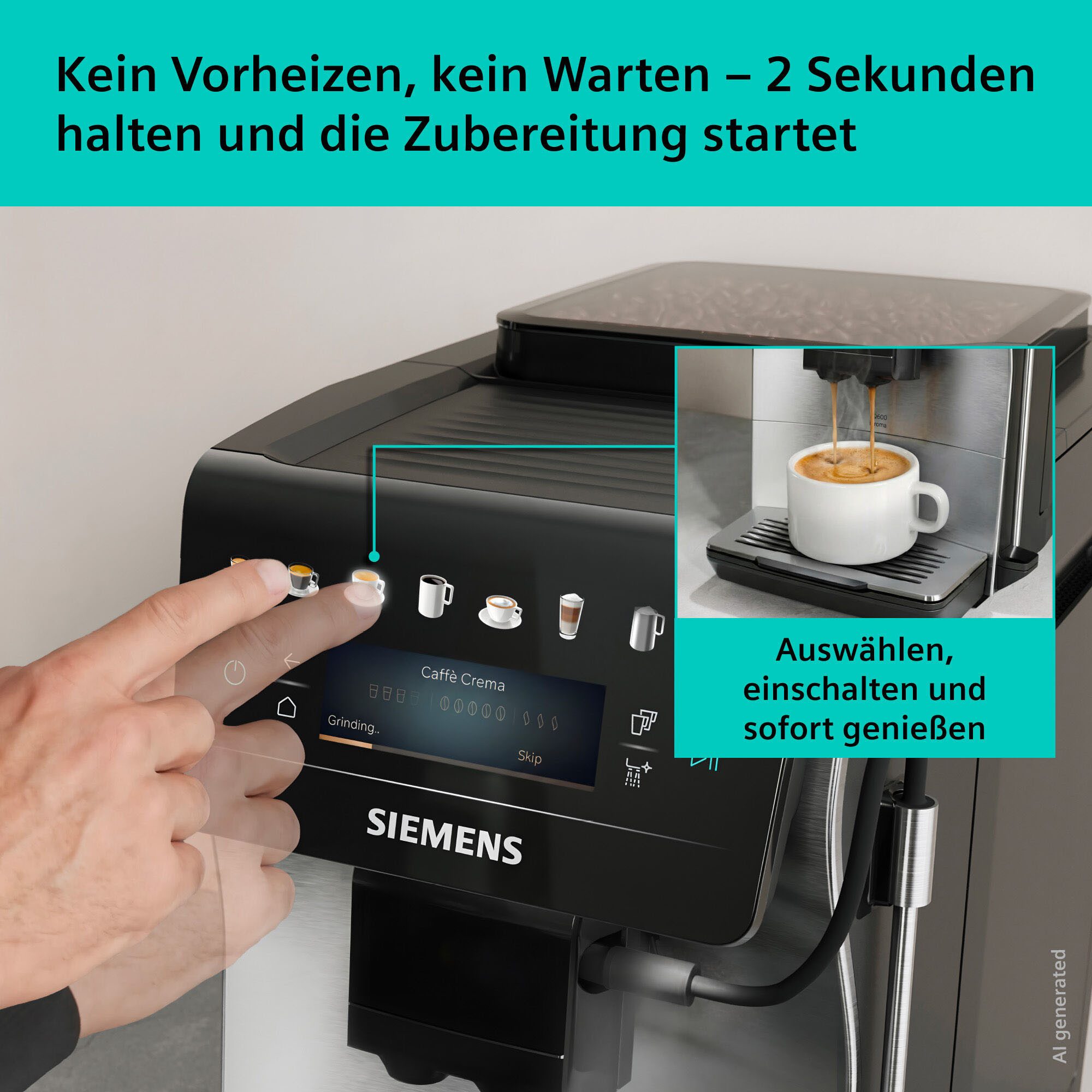 SIEMENS Kaffeevollautomat EQ600 TP605EM3, 8 Getränke, XL-Getränke, bis zu 480ml, Kannenfunktion, bis zu 10 Favoriten, Doppeltassenfunktion, Keramikmahlwerk, Ede – Bild 4 von 5