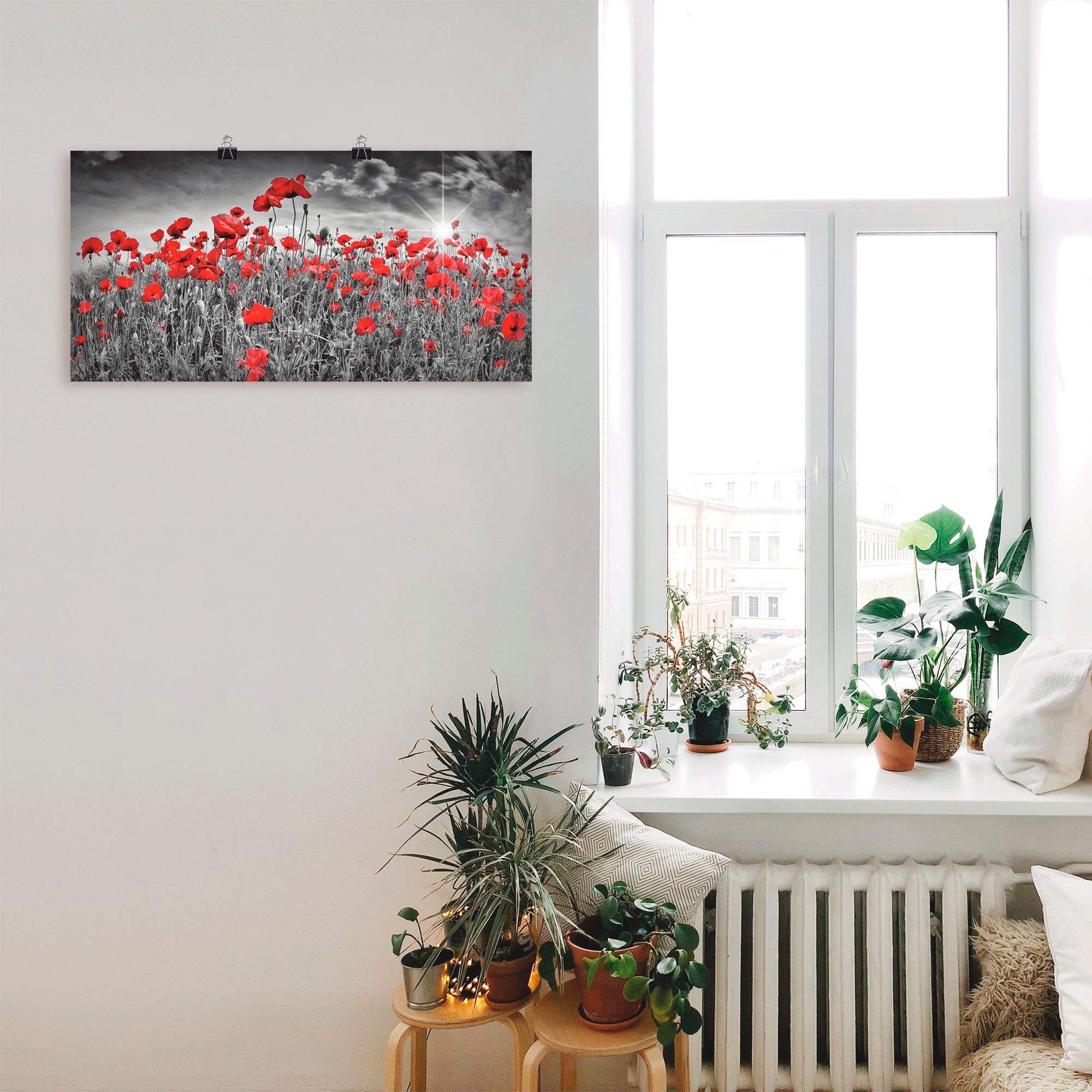Artland Wandbild Idyllisches Mohnblumenfeld mit Sonne, Blumen (1 St), als Alubild, Leinwandbild, Poster in verschied. Größen