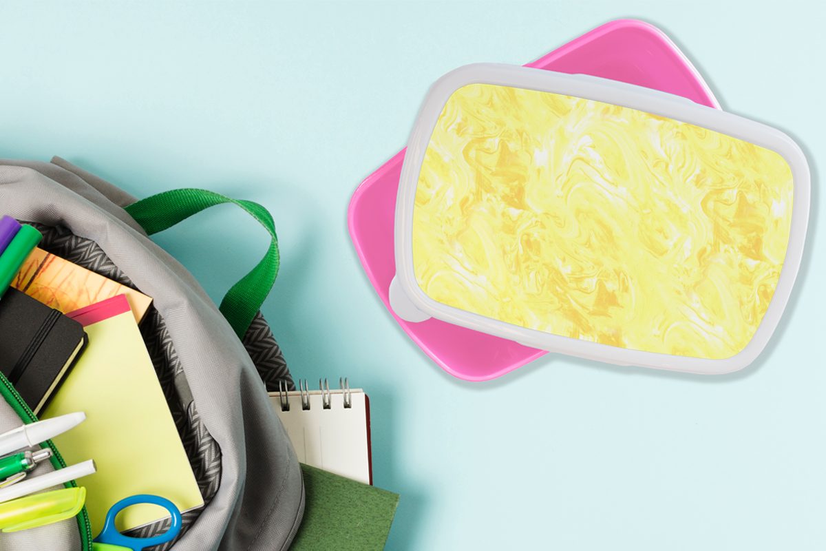 MuchoWow Lunchbox Gelb Kunststoff, rosa Kunststoff Brotbox Farbe, Mädchen, für - Brotdose Marmor Muster Kinder, Erwachsene, - - Snackbox, (2-tlg)