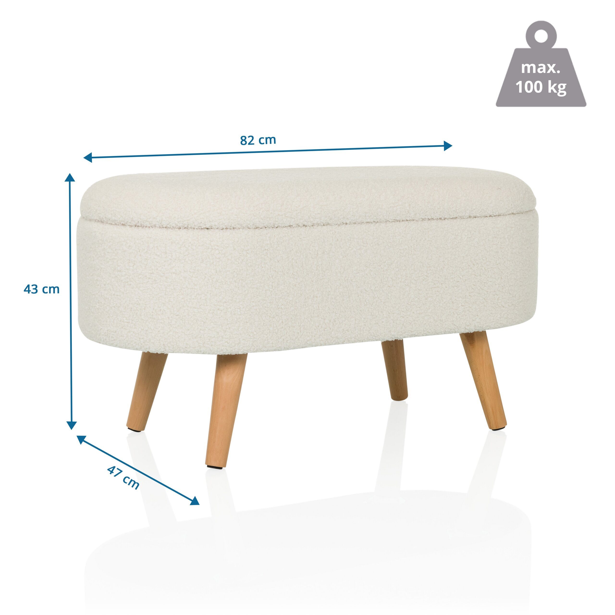 hjh LIVING Polsterbank STORIANO Hocker H/B/T: 43.0 x 82.0 x 47.0 cm Stoff (1-St), Sitzbank in Bouclé-Optik mit Stauraum, Teddy Sitztruhe mit Holzbeinen