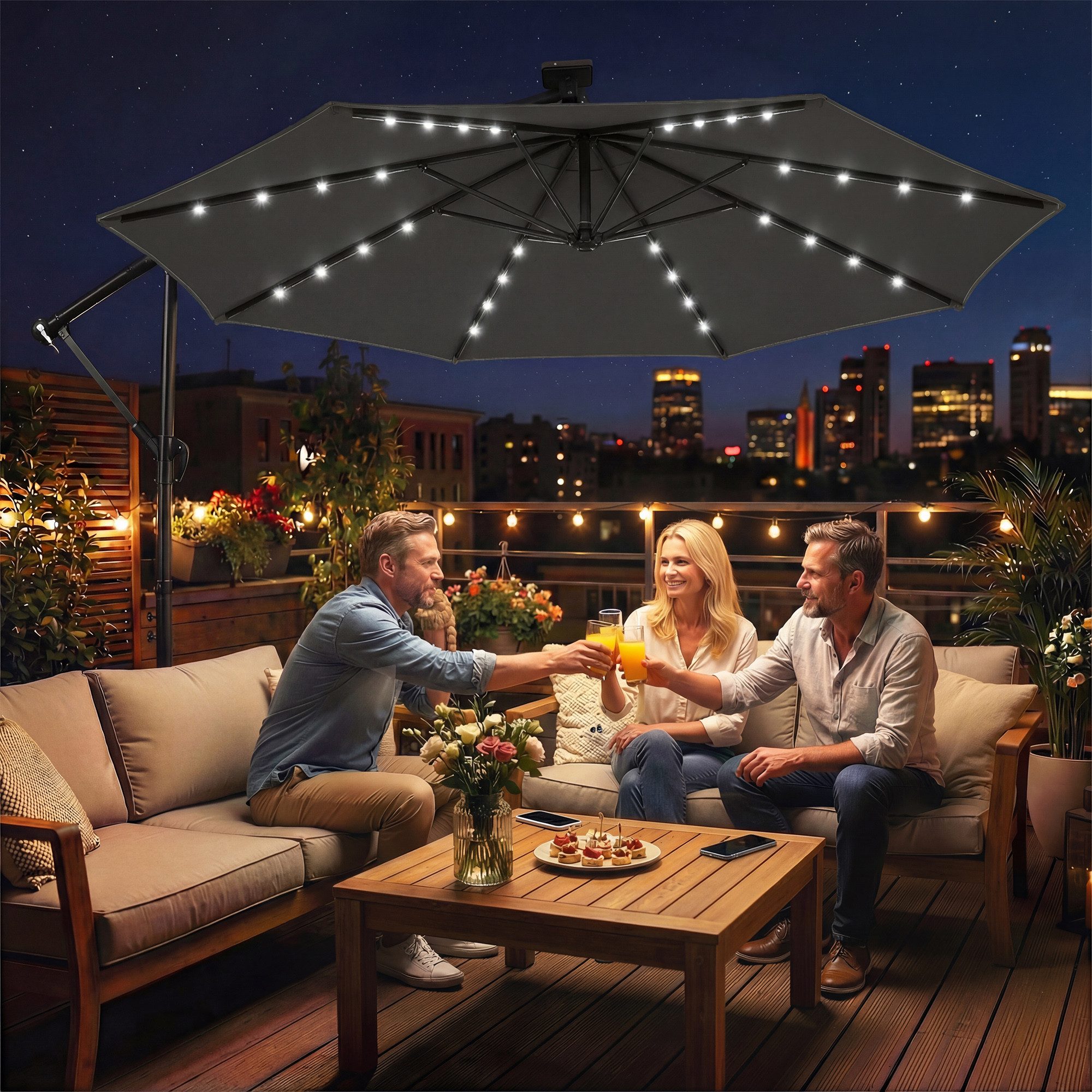 Outsunny Ampelschirm mit 360° Drehfunktion, Kurbel, Ständer, Schutzhülle, LxB: 300x300 cm, Gartenschirm, Sonnenschirm, Dunkelgrau