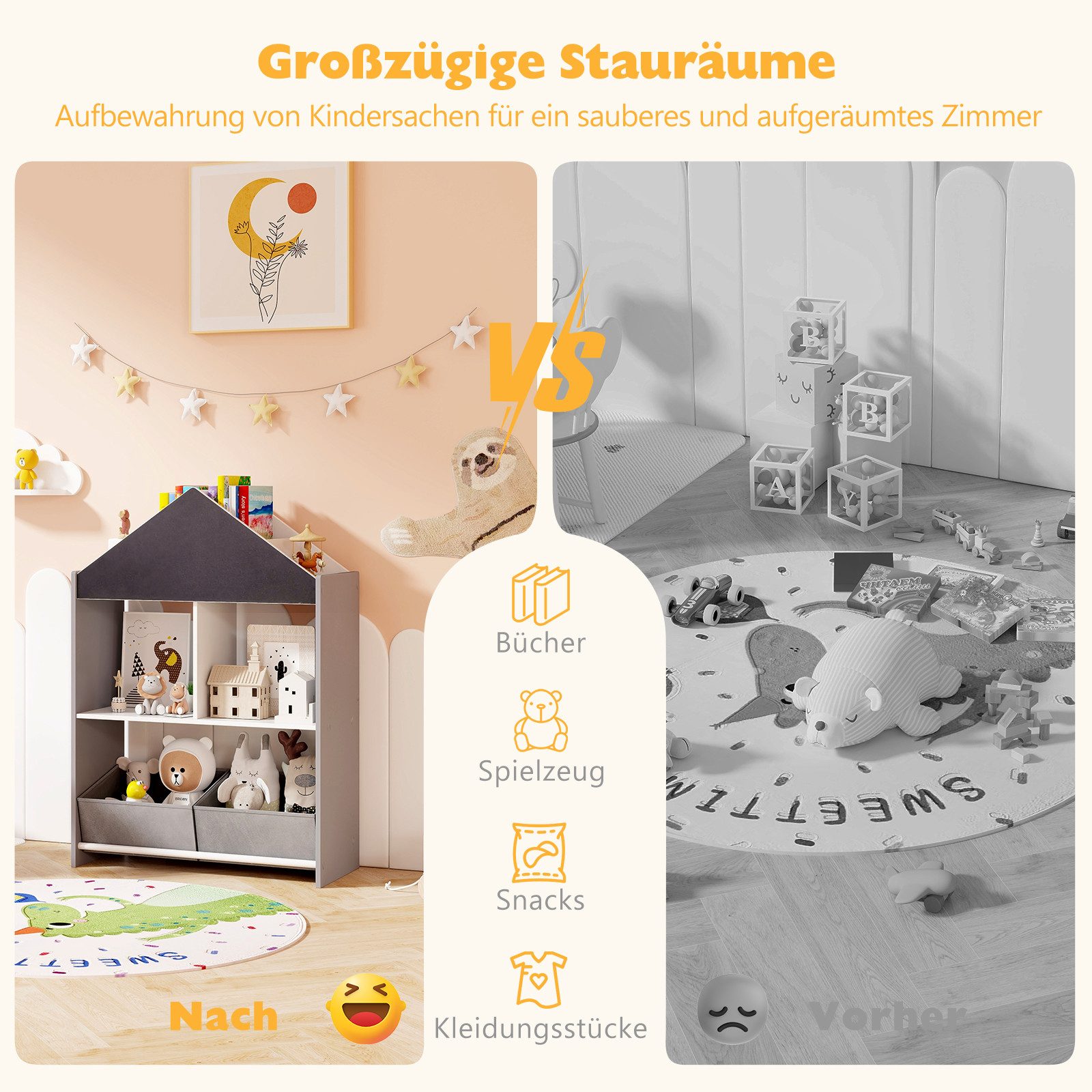 KOMFOTTEU Bücherregal, mit Tafel, 4 oberen Fächern, 2 offenen Fächern & 2 Stoffboxen