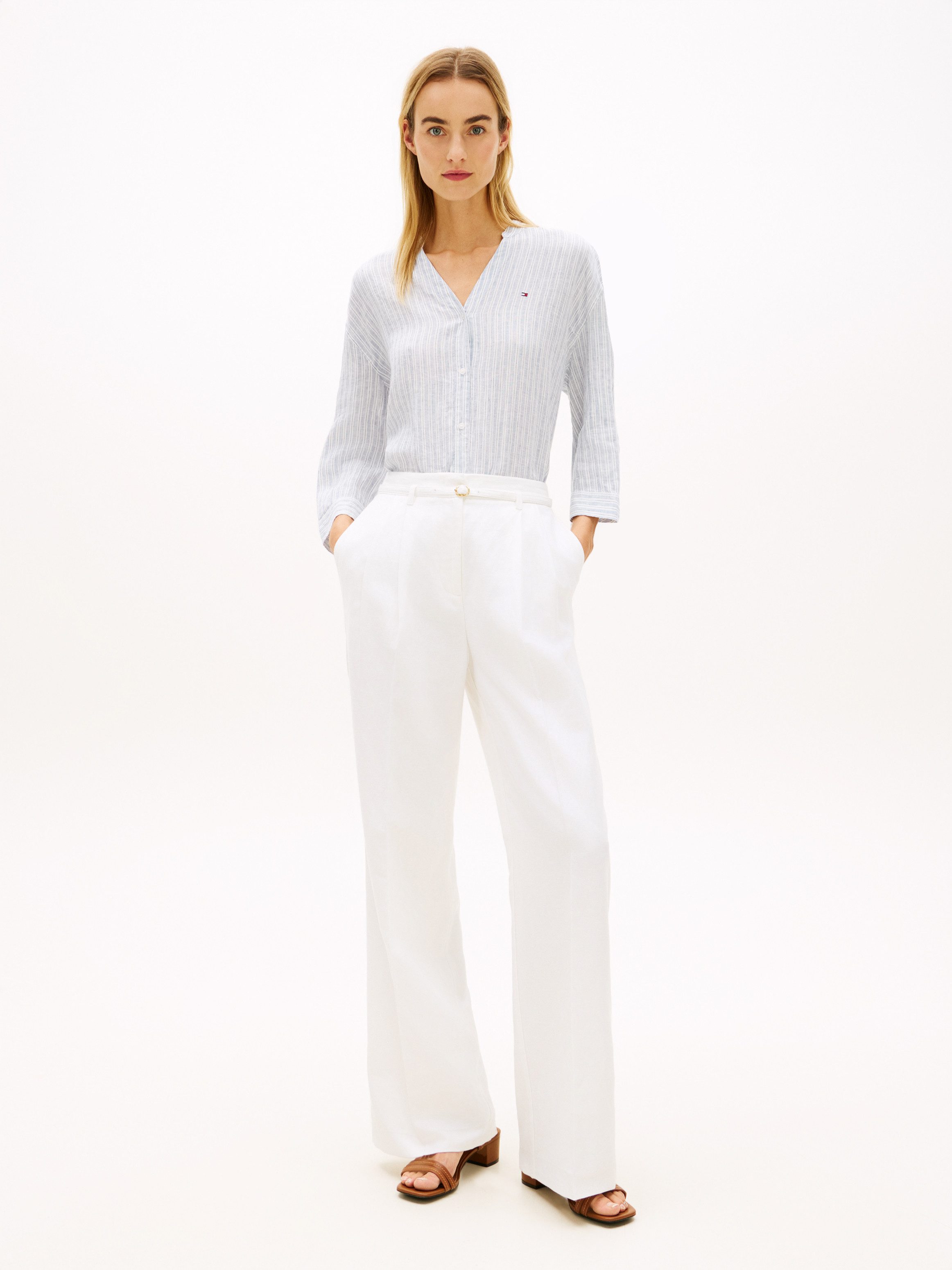 Tommy Hilfiger Shirtbluse ESS LINEN COLLARLESS SHIRT mit Logo-Stickerei