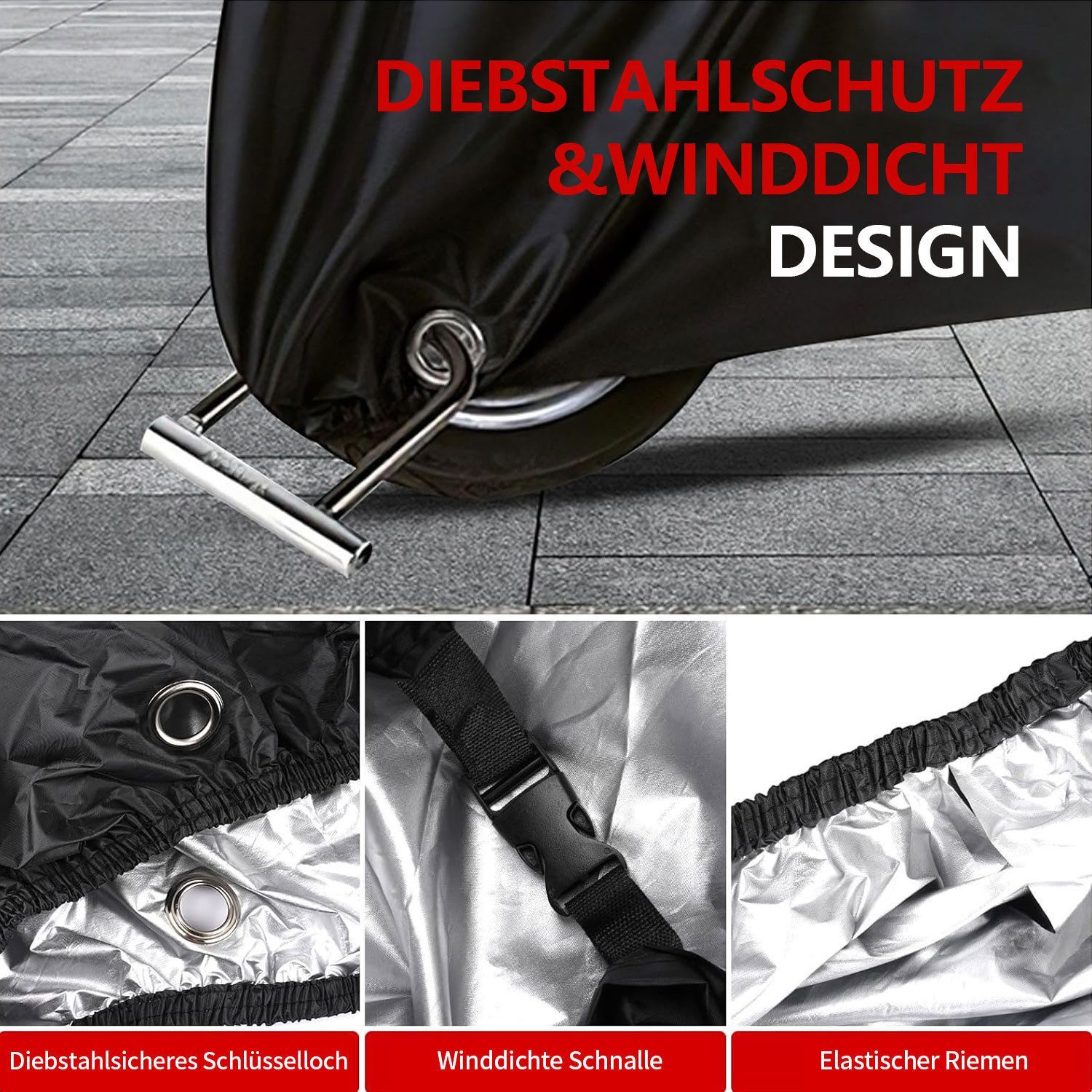 MODFU Fahrradschutzhülle Motorradabdeckung Fahrradgarage Plane Wasserdicht UV-beständig (aus Polyester mit Verriegelungsloch und verstellbarem Gummiband, 1-St., 245x105x125 cm Fahrrad Garage Schutzhülle Abdeckplane Fahrradplane), Wetterfest Winterfest Regenschutz Schutzbezug für Motorrad Fahrrad