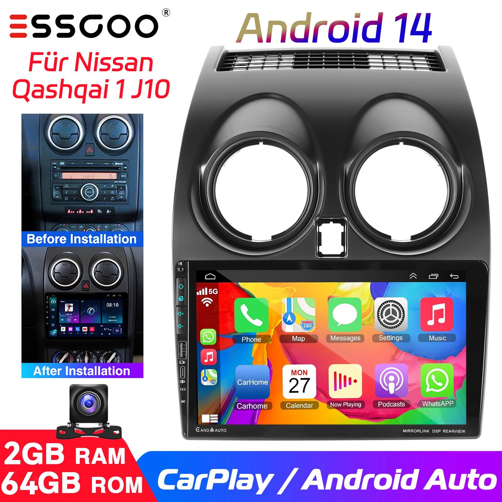ESSGOO Android 14 Carplay GPS NAVI SWC BT Für Nissan Qashqai J10 2007-2015 Autoradio (DAB+ (optional), DAB (optional), RDS, FM, 4+64GB(optional), Carplay Android Auto Bluetooth EQ USB GPS Navi WIFI Touchscreen)