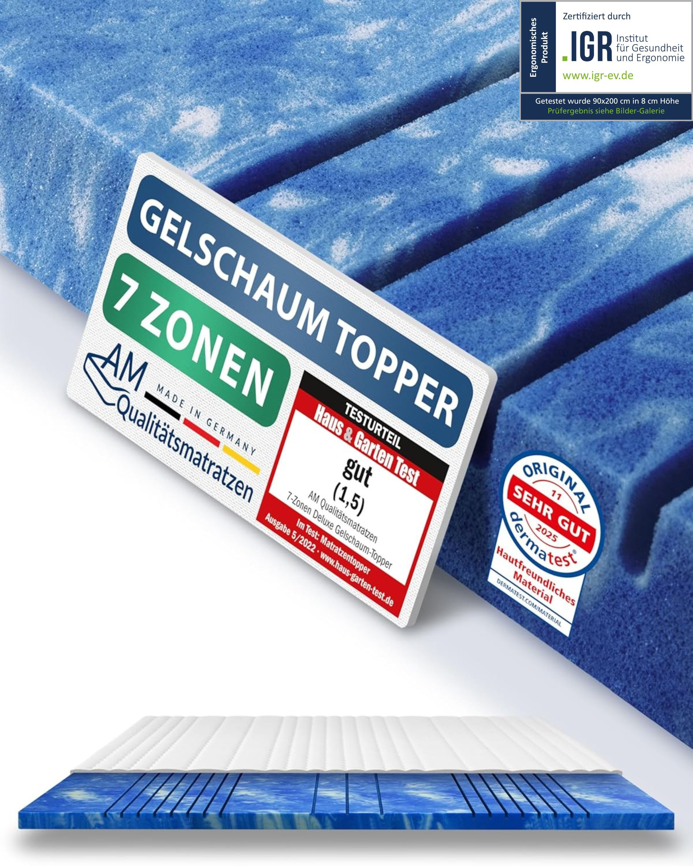 AM Qualitätsmatratzen, Topper 7-Zonen Memory Foam Gelschaum-Topper, Optimale Druckentlastung, RG50, 8 cm hoch, Gelschaum, 80x200 cm