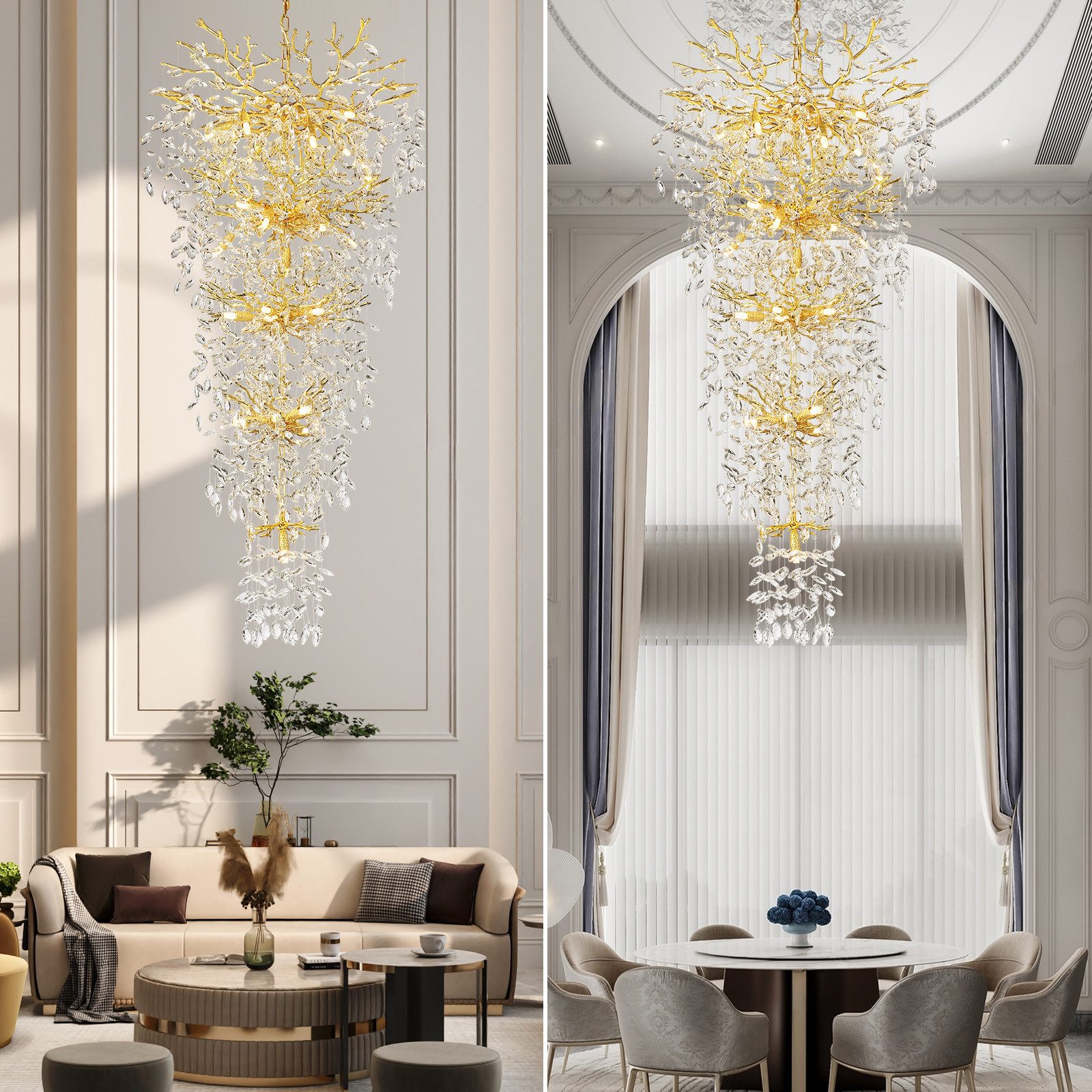 Surtime Kronleuchter für Treppenhaus, 300 cm, Goldfarben,Kristall, 28 G9-Fassungen für gleichmäßiges Licht, LED wechselbar, 3000K, K9-Kristalldesign im Ast-Stil – Bild 3 von 5