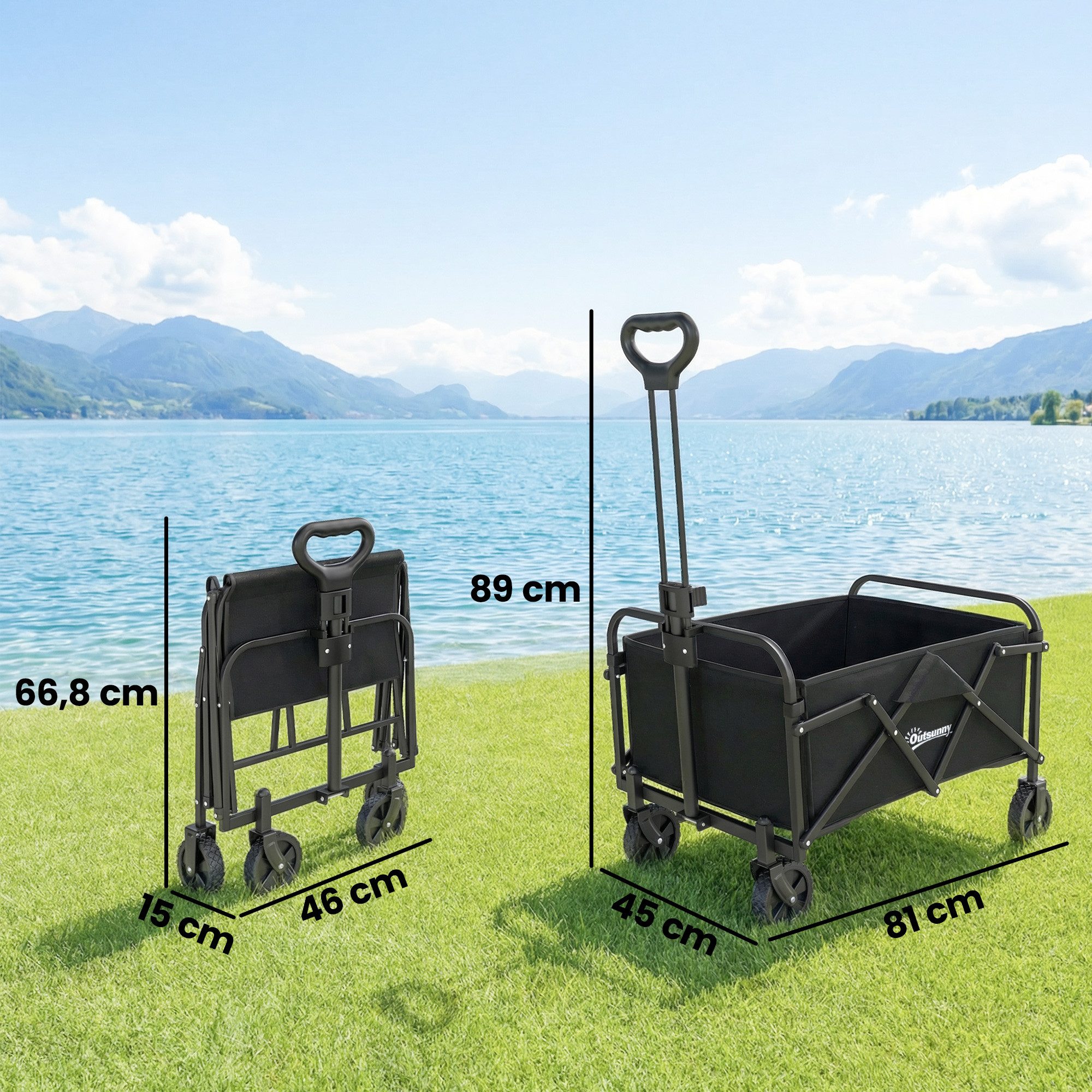 Outsunny Fahrradlastenanhänger Faltbarer Bollerwagen mit Griff Verstellbarer Griffhöhe, bis 68 kg Tragkraft, für Sport, Einkauf, Camping, Schwarz
