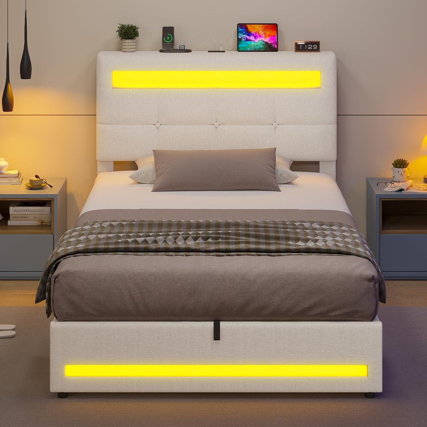 MSMASK Polsterbett 90×200cm, Jugendbett mit LED und USB-Ladefunktion, Linen, Funktionsbett mit Stauraum und Lattenrost, Ohne Matratze