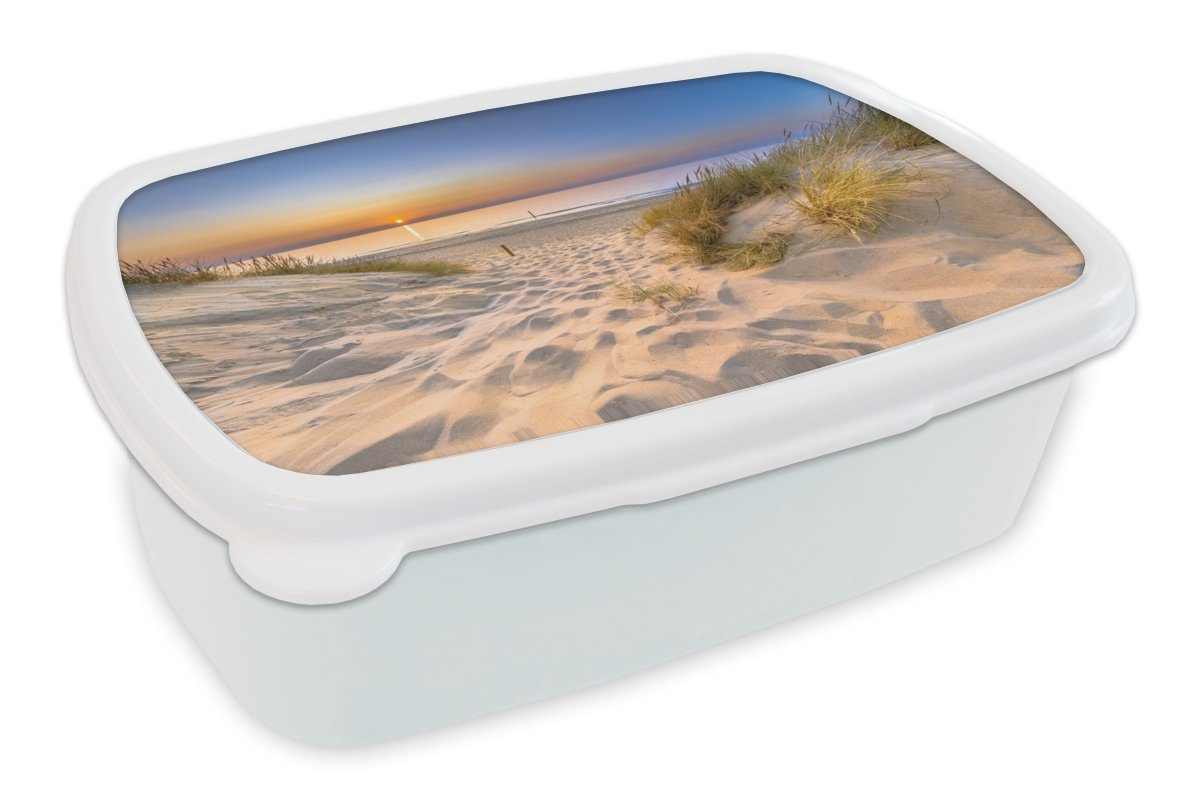 MuchoWow Lunchbox Düne - Sonnenuntergang - Horizont - Strand - Gras, Kunststoff, (2-tlg), Brotbox für Kinder und Erwachsene, Brotdose, für Jungs und Mädchen weiß