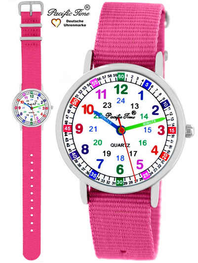 Pacific Time Quarzuhr »Armbanduhr für Kinder Kinderuhr Mädchen Lernuhr mit Wechselarmband GRS Label rosa nachhaltiges Durchzugsarmband 11002«, großes Lernzifferblatt - Gratis Versand