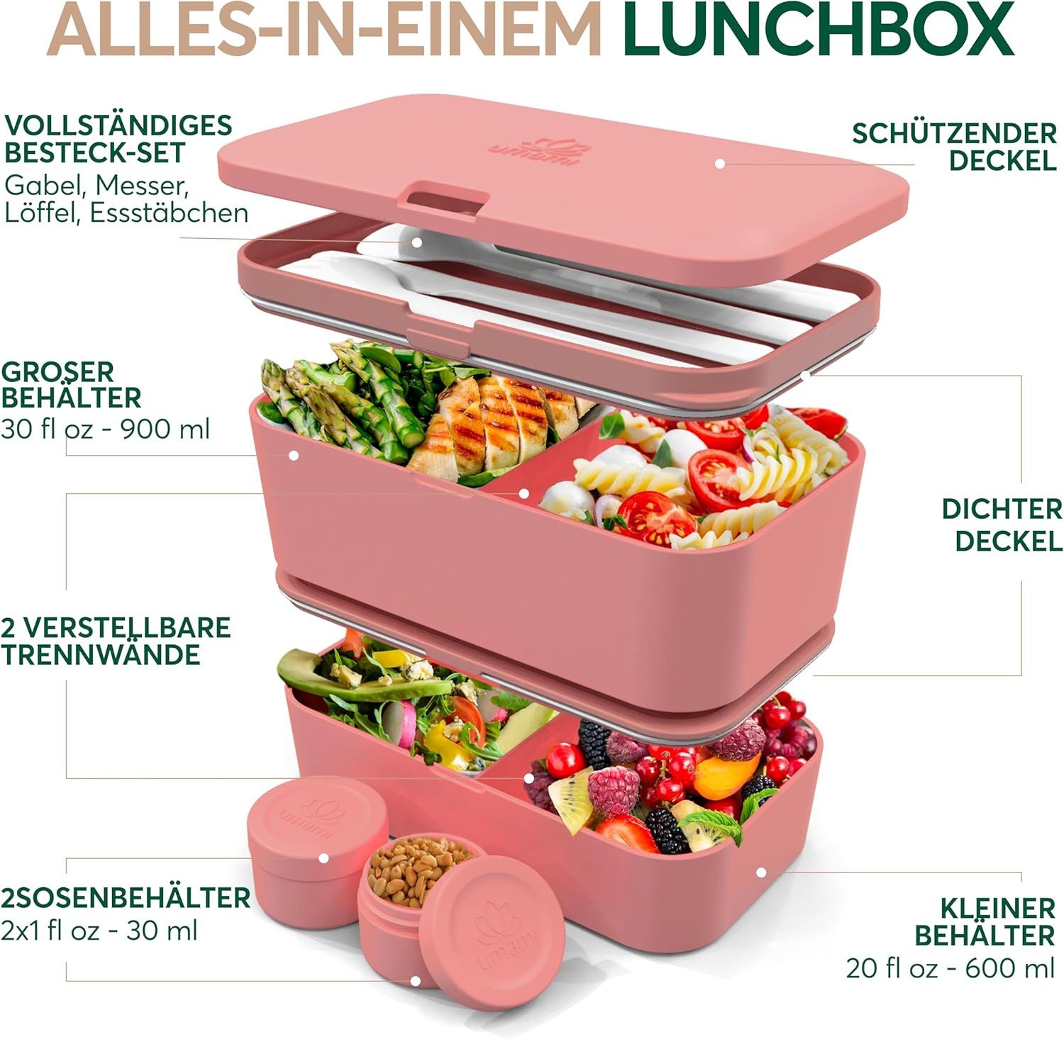 UMAMI Lunchbox Bento für Erwachsene mit Besteck und 2 Saucenbehältern, (Inkl. Zubehör Brotdose mit Fächern für Meal Prep), als Brotdosen für Salat, Snack Bento Box, Auslaufsichere Brotdose