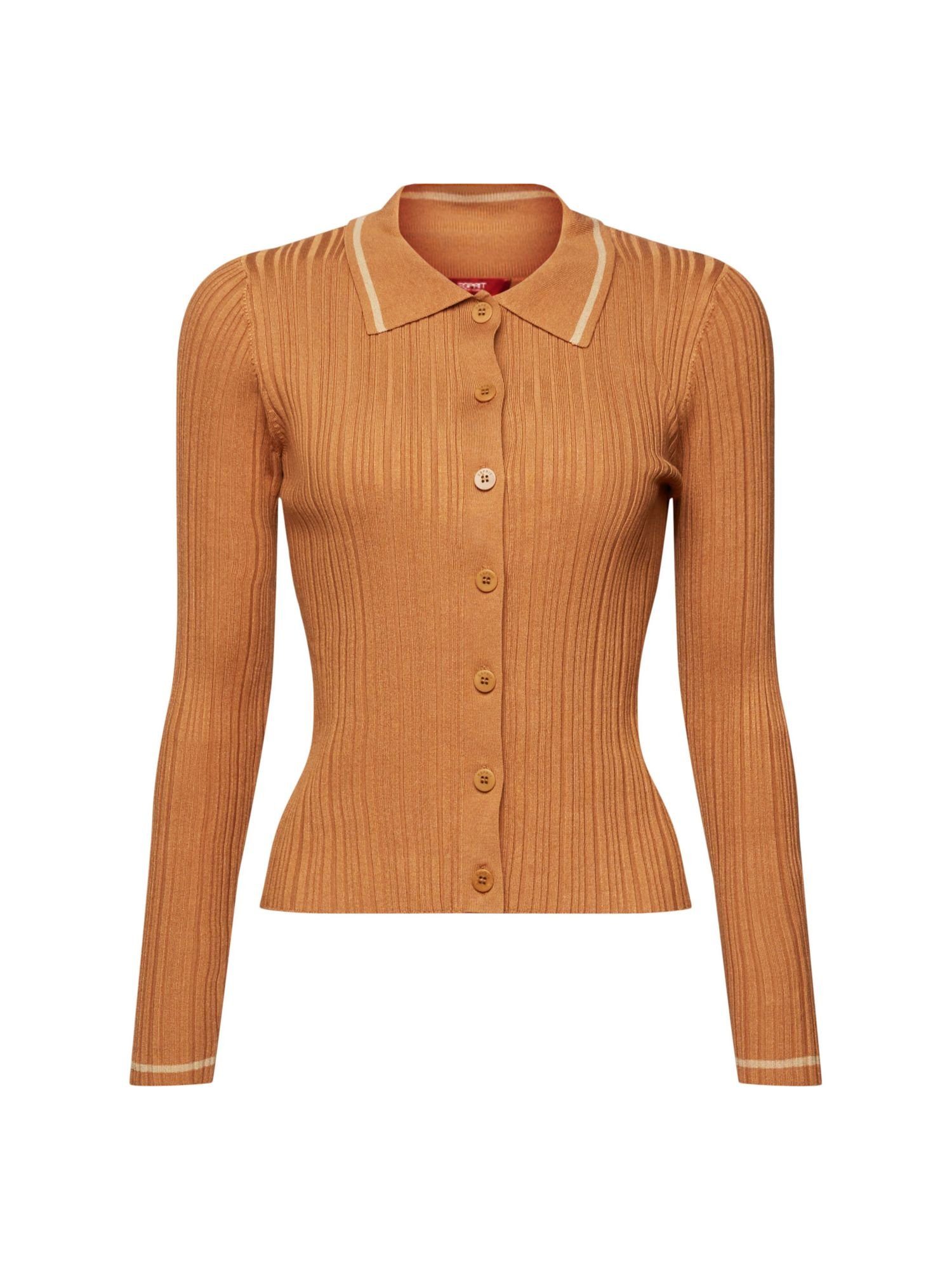 Esprit Collection Strickjacke Poloshirt aus Strick mit Knöpfen vorne (1-tlg) CARAMEL