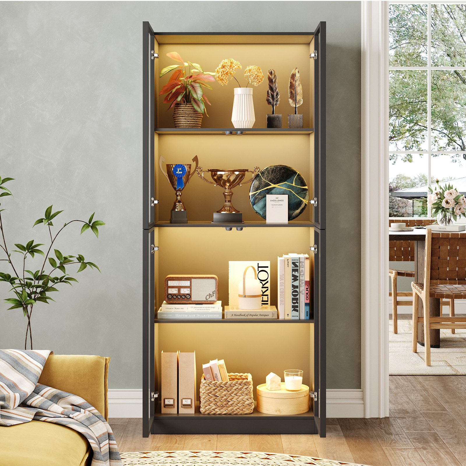 SVEYLXA Vitrine Beleuchtete LED Vitrine mit Glastüren & 4 Regalen (1-St) für Wohnzimmer, Schlafzimmer, Flur, 60×30×160cm