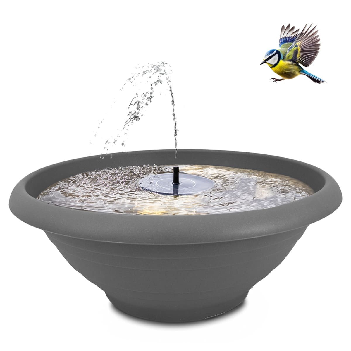 matches21 HOME & HOBBY Wasserspiel XL Solar-Brunnen Set für draußen - große 55 cm Schale grau, (1 tlg), Wasser-Fontäne als Solar Spring-Brunnen Garten-Deko Vogeltränke