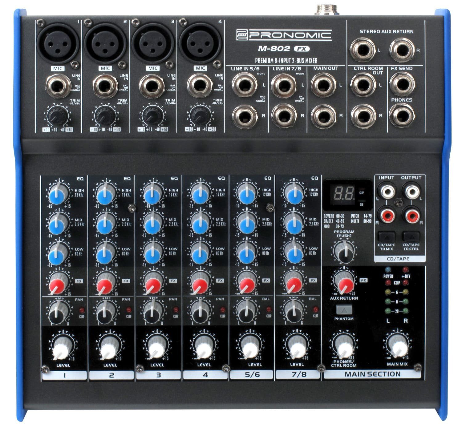 Pronomic Mischpult M-802FX Live/Studio 8-Kanal DJ-Mixer, mit digitalem  24bit Multieffektprozessor