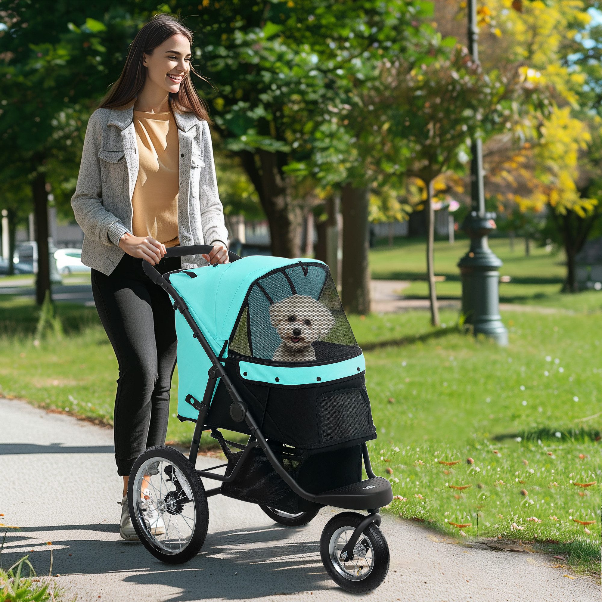 PawHut Hundebuggy Hundewagen klappbar Katzenbuggy mit Kissen und Sicherheitsleinen, (Jogger Hundewagen, 1-tlg), für kleine Hunde & Katzen bis 10 kg, Türkis