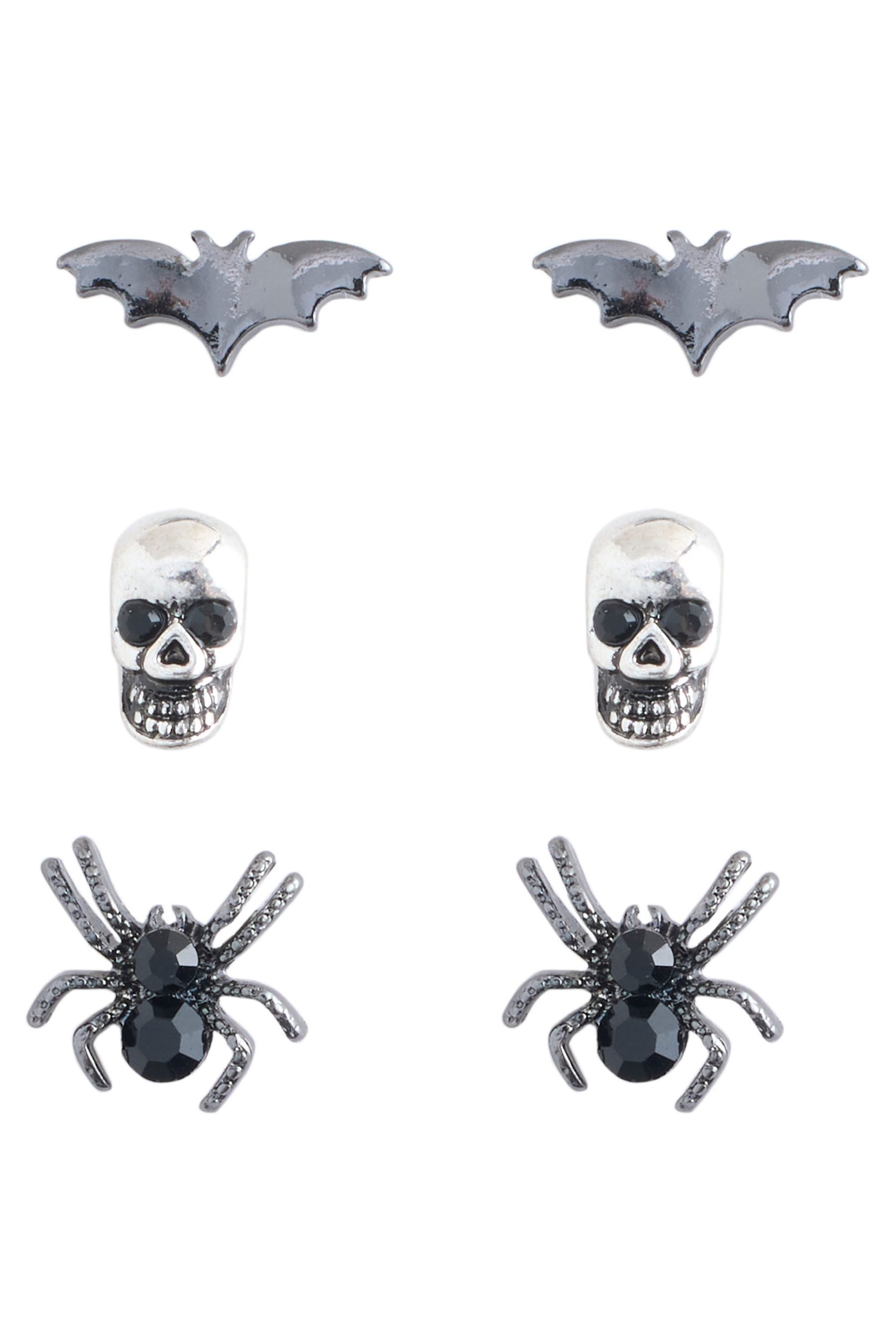 Ohrring-Set Halloween-Ohrstecker, Fledermaus/Totenkopf/Spinne