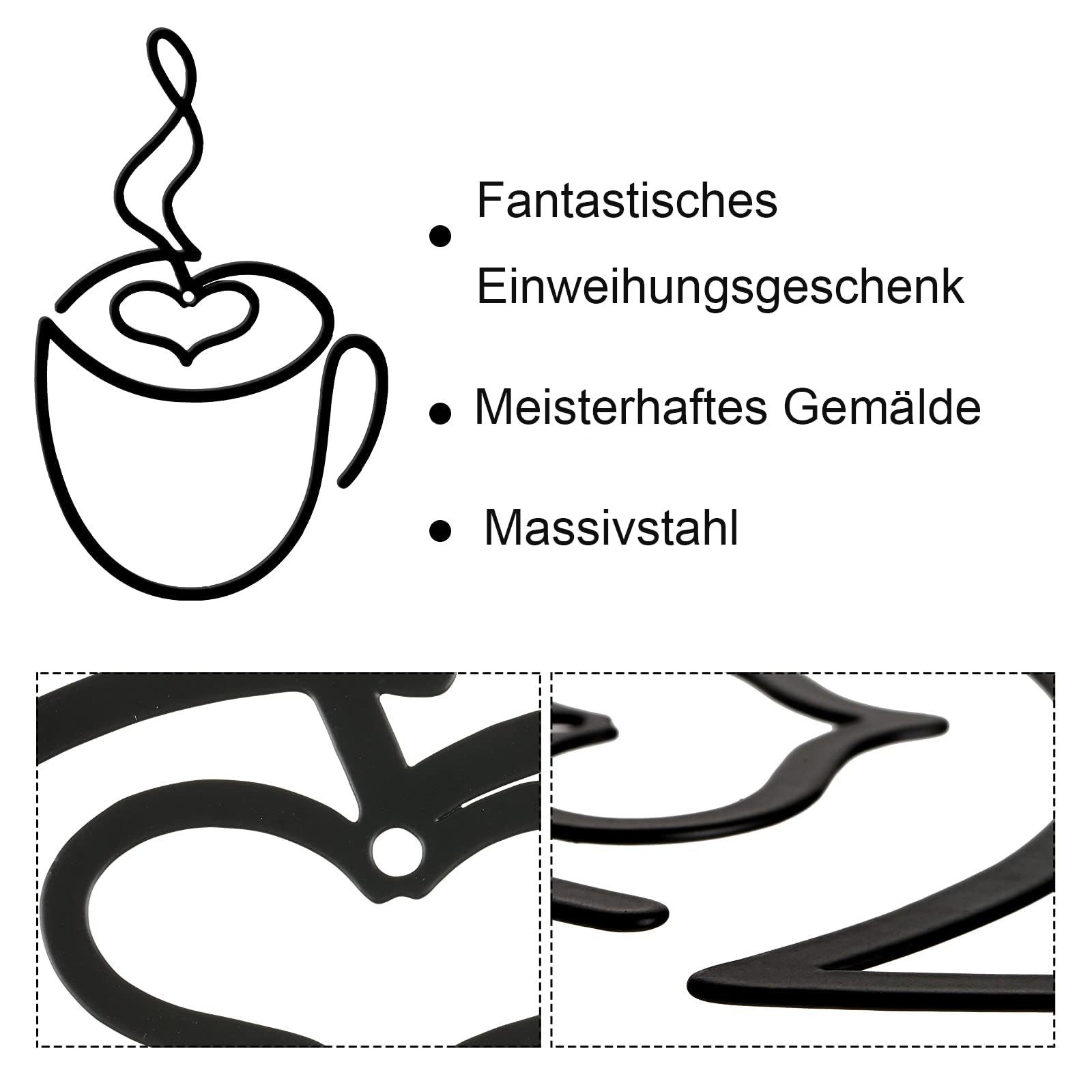 Agger Wandbild Wanddeko Metall Schwarz Kaffeetasse Wanddekoration, Metallbilder, (3 St), Wanddeko Küche Esszimmers Wohnzimmers Café Arbeitszimmers – Bild 5 von 5