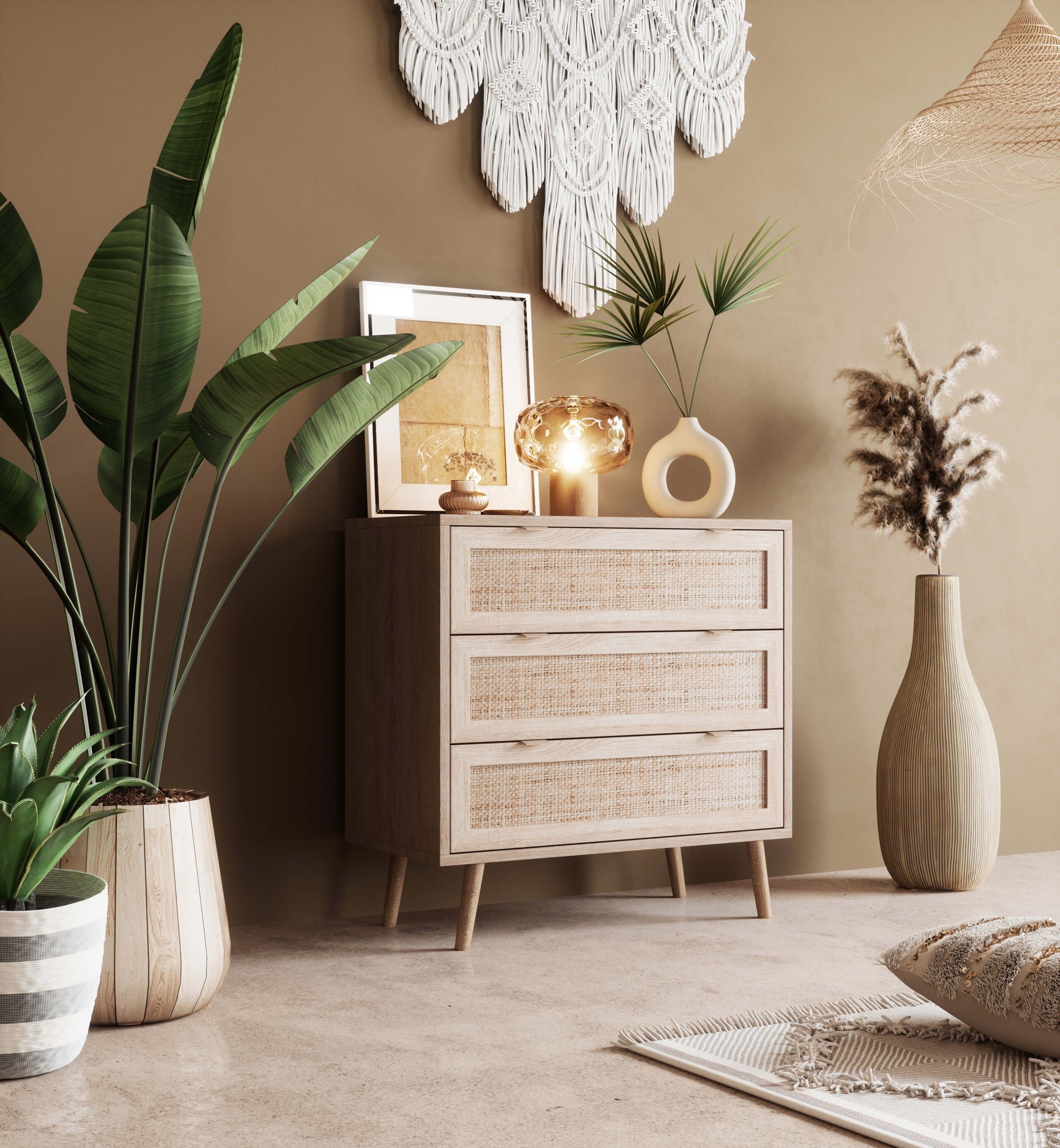 Newroom Sideboard Rattan Optik 80 cm, Kommode mit Schubladen Sonoma Eiche Rattan Modern Boho Skandinavisch