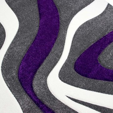 Teppich Wellenmuster Designer Teppich in lila grau& weiß, pflegeleicht, Teppich-Traum, rechteckig