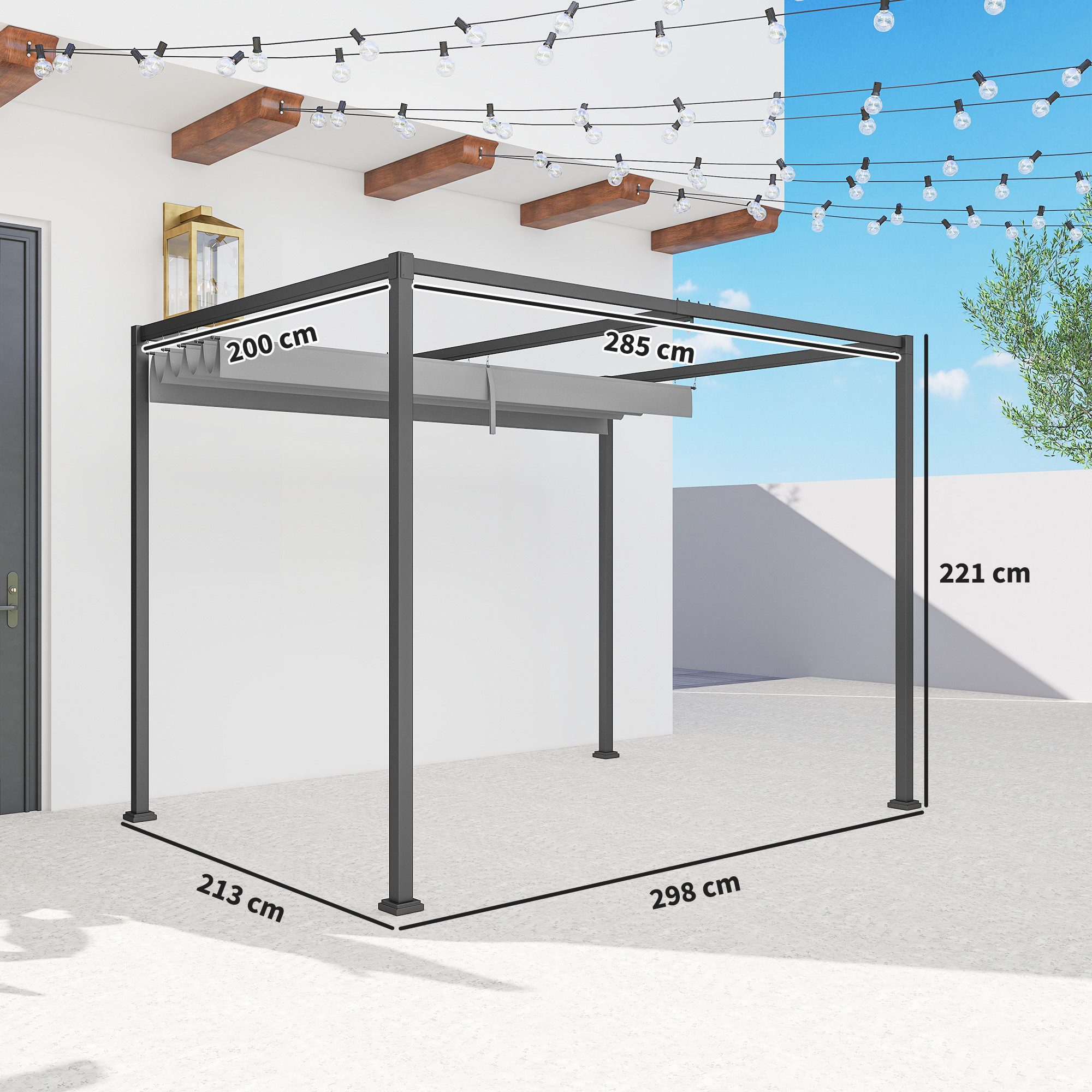 Outsunny Pergola mit Schiebedach, (Pavillon, 1-tlg., Terrassenüberdachung), für Garten, Balkon, Grau
