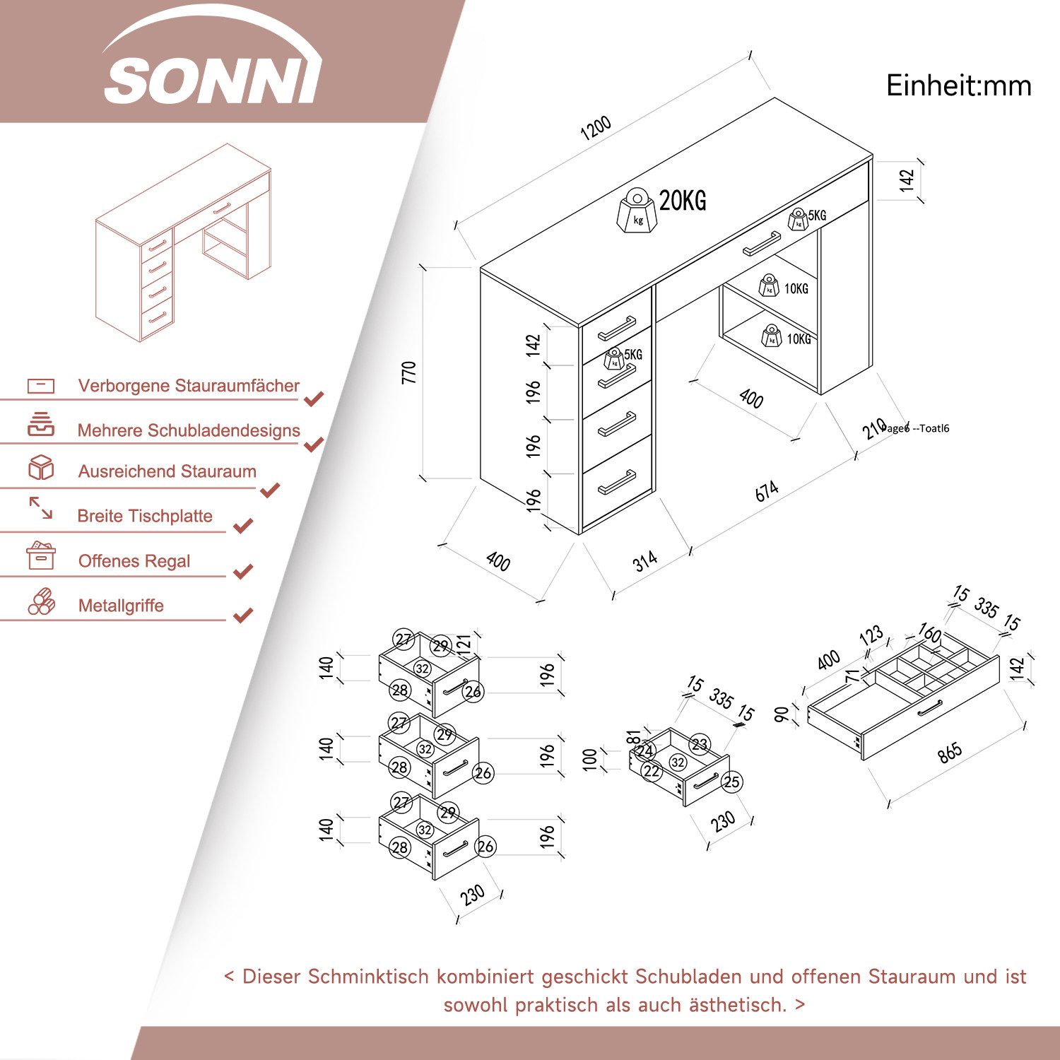 SONNI Schminktisch Schmink/Schreibtisch mit Mehrfach-Schubladen – Bild 5 von 5