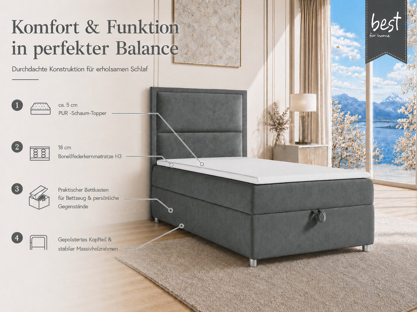 Best for Home Boxspringbett K-11 SINGLE mit Bettkasten, Bonellfederkern, Komfort Topper H3 (Hotelbett, Einzelbett, Kinderbett, Juniorbett, 5-St., 70x200 80x200 90x200 100x200 cm), Einzelbett mit integriertem Stauraum, gepolstertem Kopfteil
