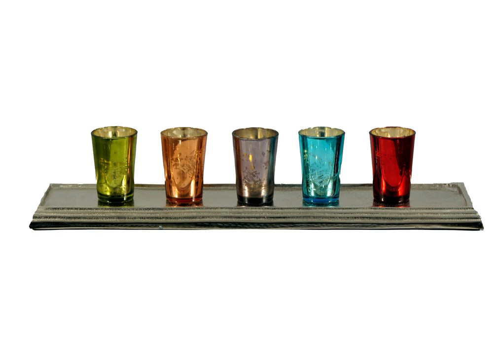 Dirk Davids Leuchten GmbH Windlicht Windlicht 5er Set auf Tablett Roh Nickel 60x14x3cm komplett