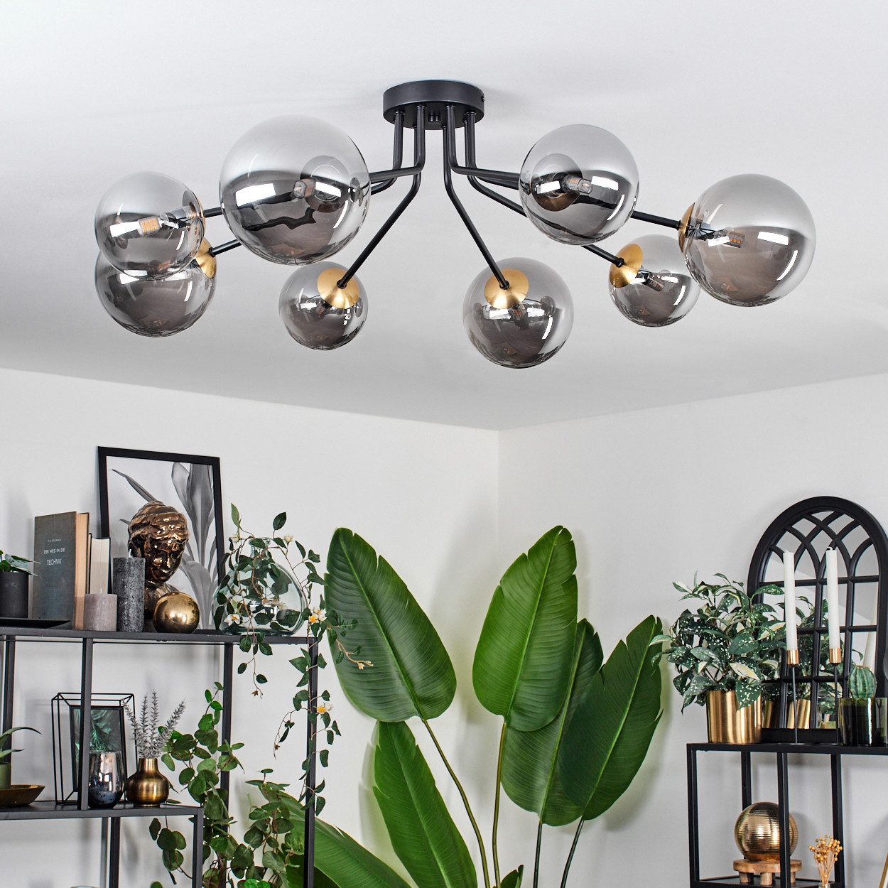 hofstein Deckenleuchte Deckenlampe aus Metall/Glas in Schwarz/Goldfarben/Rauchfarben, ohne Leuchtmittel, retro Leuchte mit Glasschirmen (12cm, 15cm), 8xG9, ohne Leuchtmittel