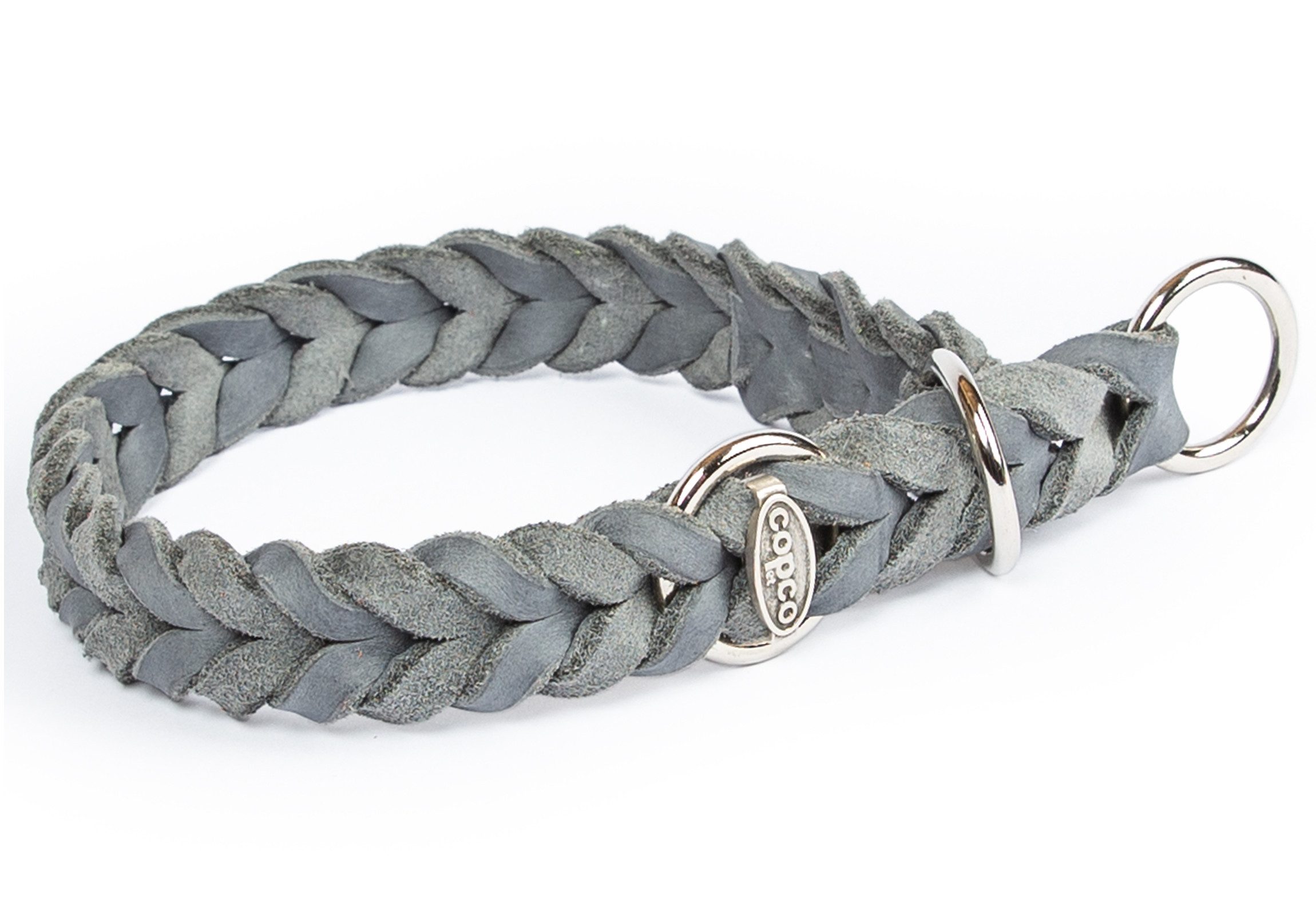 CopcoPet Hunde-Halsband Fettlederhalsband mit Zugstopp Ring, Verchromt, Leder, Geflochten, Handarbeit