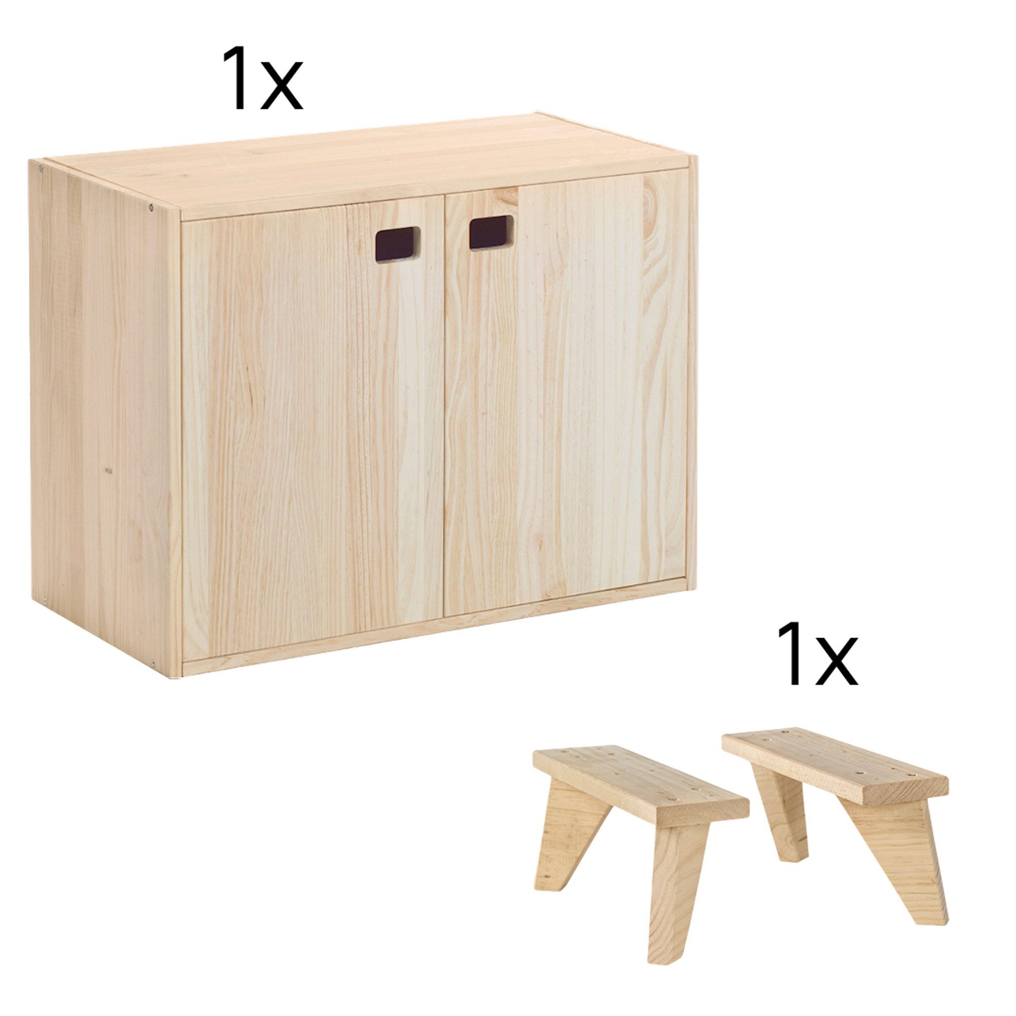 Astigarraga Kit Line Kommode Dinamic Regal-Set "Kommode", Schränkchen mit zwei Türen (Schrankmodul mit Füßen), Unbehandeltes Vollholz aus europäischem Anbau