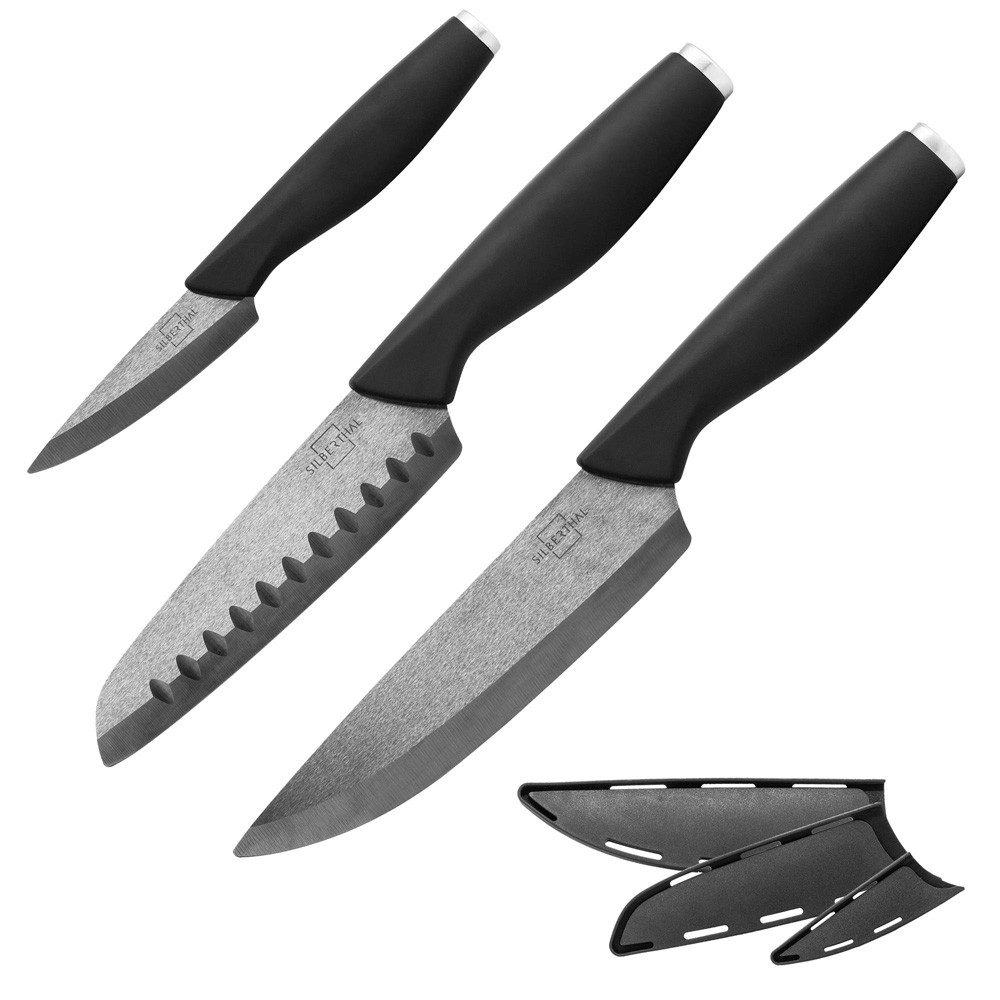 SILBERTHAL Messer-Set Keramikmesser 3er Set Schwarz (mit Klingenschutz, 3-tlg), bruchsichere, abgerundete Klingenspitzen, rostfrei