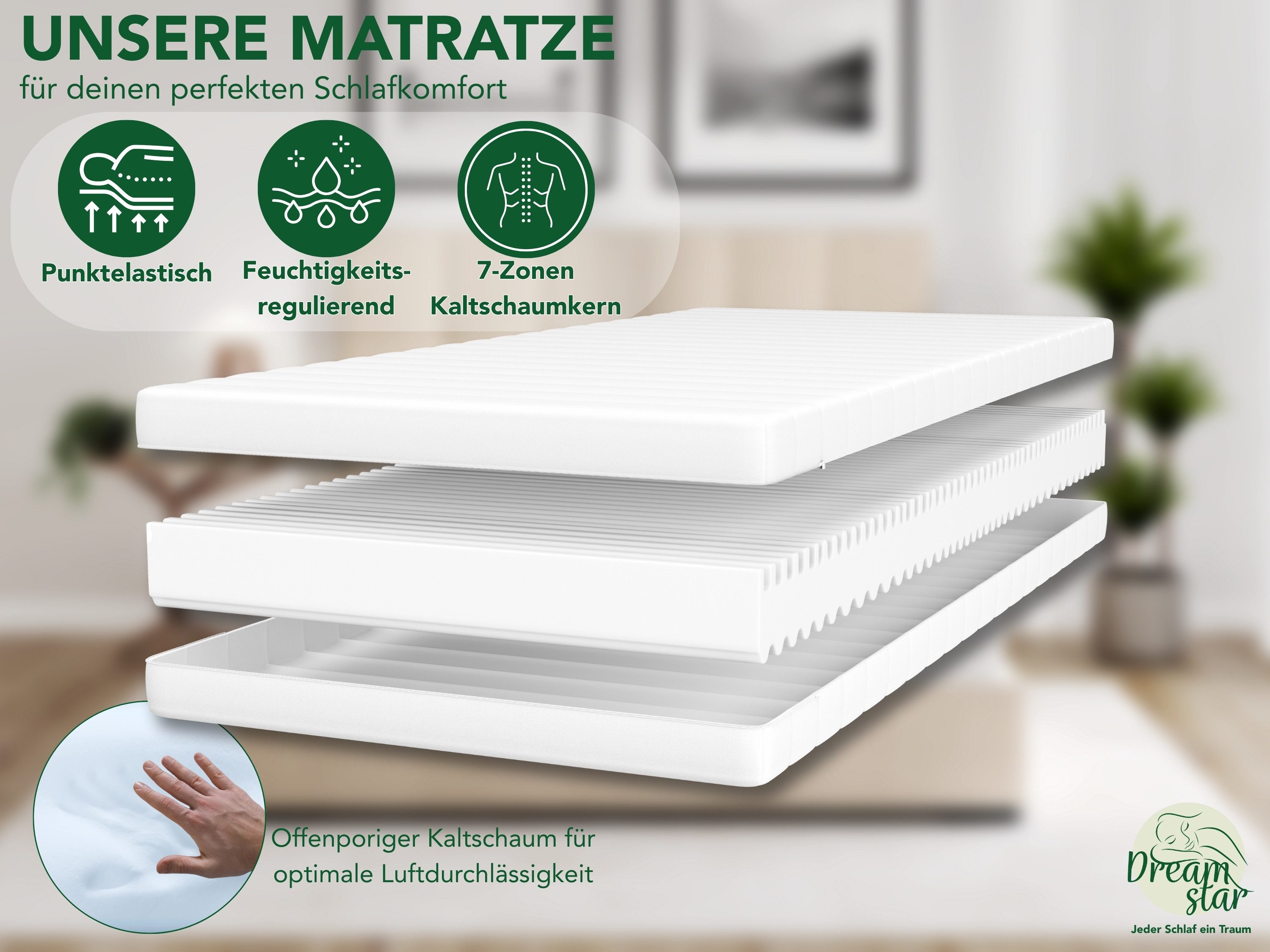 Kaltschaummatratze 7-Zonen Simple Flex - H2/H3 - 80x200 90x200 120x200 140x200 180x200, Dreamstar, ergonomisch & atmungsaktiv - verschiedene Größen und Höhen – Bild 3 von 5