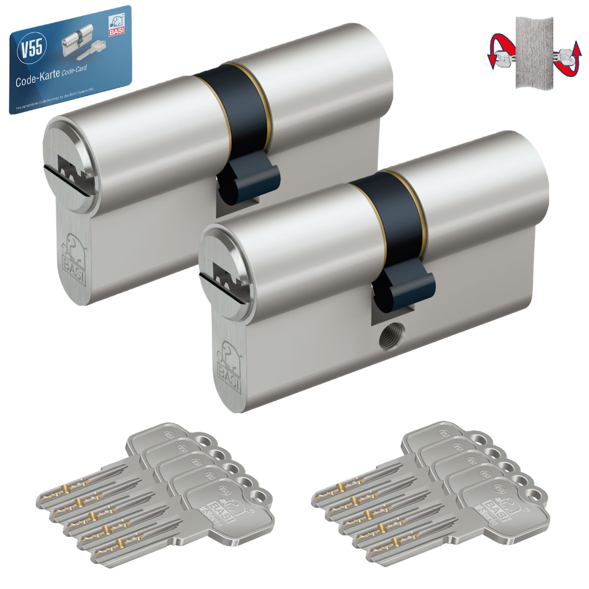 BASI Цилиндр замка 2er SET V50, Gleichschließend, diverse Длинаn, (Spar-Set, 2-St), 2 x Doppelzylinder 50/50 mm, Not- und Gefahrenfunktion, 10 Schlüssel