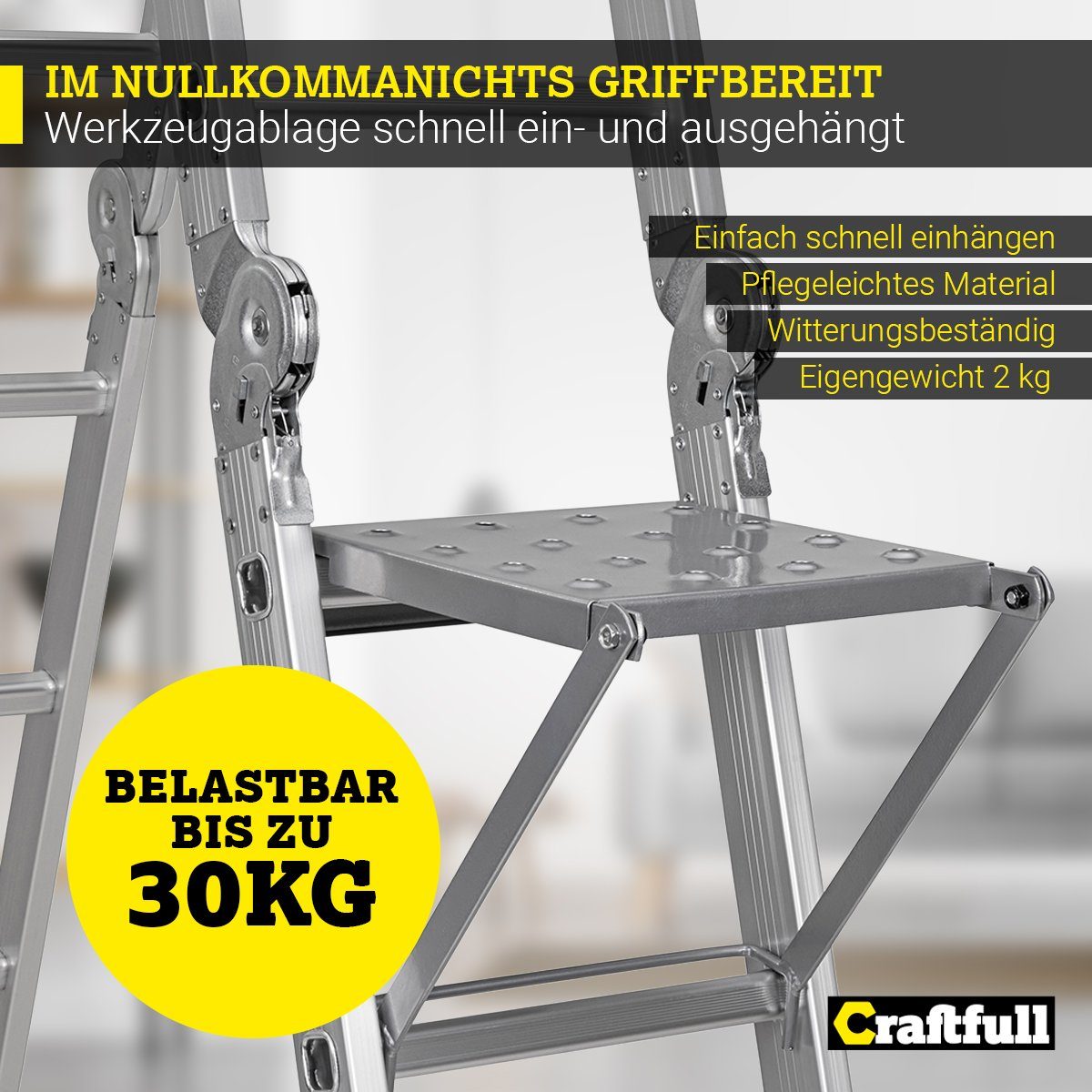 Craftfull Klapptritt Einhängetritt für CF-104A - 3 J. Garantie - Stahl - einklappbar (einhängbare Plattform für Sprossenleiter Werkzeugablage Trittleiter Trittflächenvergrößerung, 1-St., 27.0 x 30.0 cm, 30 Kg Traglast), Ablagefläche zum Einhängen für Craftfull Gelenkleiter CF-104A