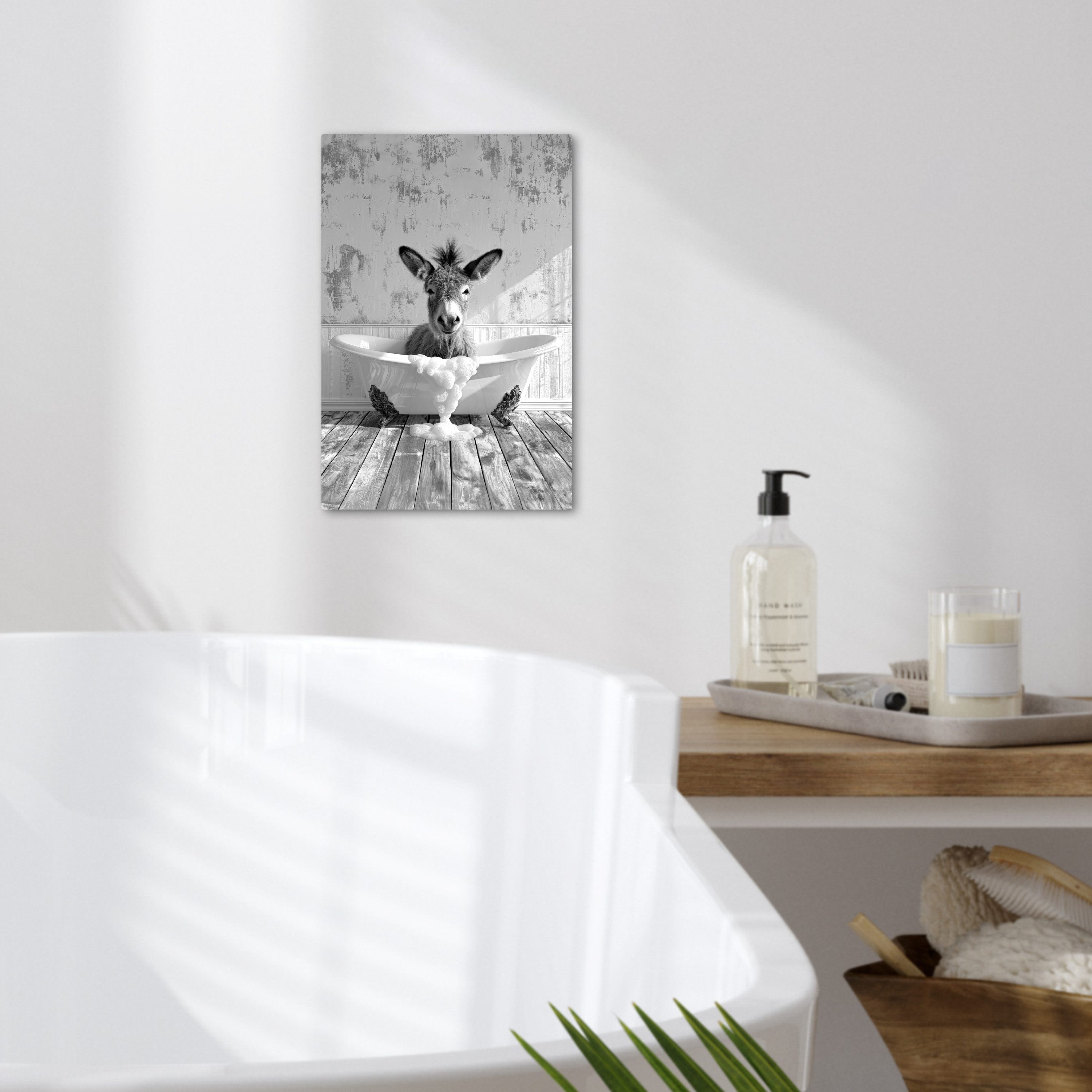 OneMillionCanvasses® Leinwandbild Esel - Tier - Vintage - Badewanne - Schwarz - Weiß, Fotodruck (1 St), Badezimmer Deko, Bilder WC, Toilette Wanddeko 20x30 cm