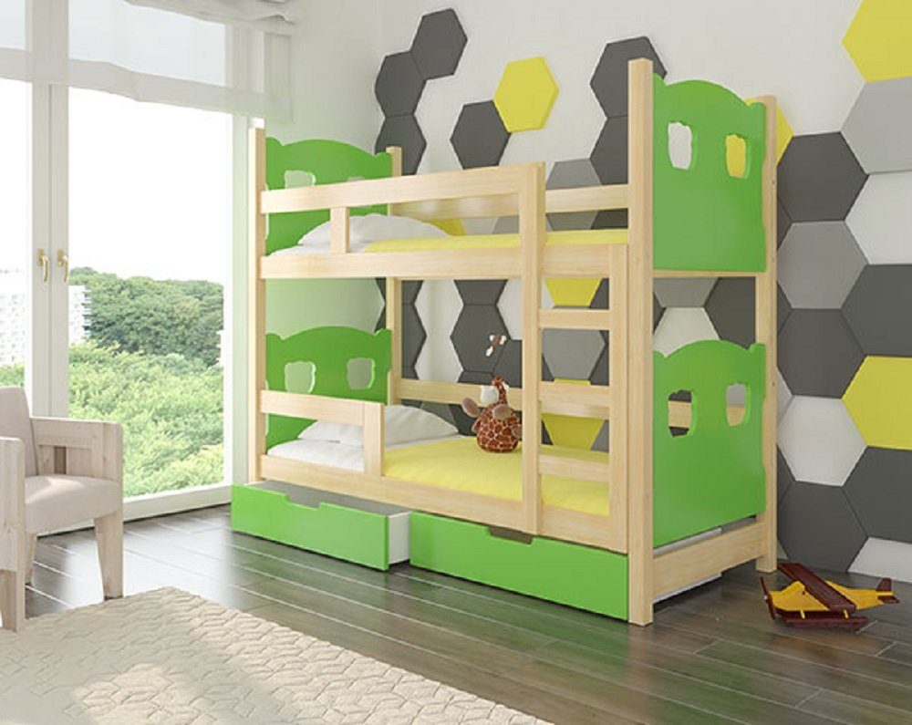 Feldmann-Wohnen Hochbett MARABA (Etagenbett mit 2 Schlafgelegenheiten) Farbe wählbar Kiefer Natur / Absetzungen: grün