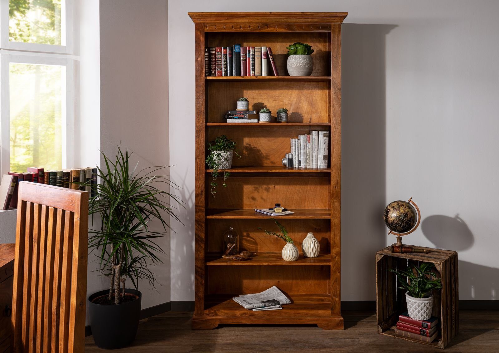 Massivmoebel24 Bücherregal OXFORD, 1-tlg., Regal Akazie 97x35x200 honig  lackiert OXFORD #0421