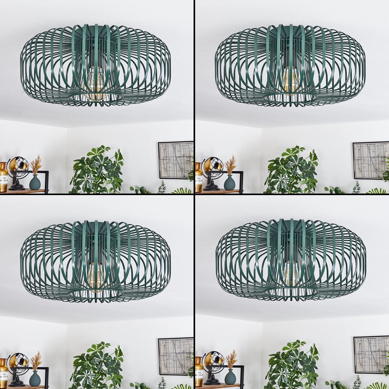 hofstein Deckenleuchte runde Deckenlampe aus Metall in Grün, ohne Leuchtmittel, Retro-Leuchte mit Lichteffekt durch Gitter-Optik, Ø 40cm, E27-Fassung.