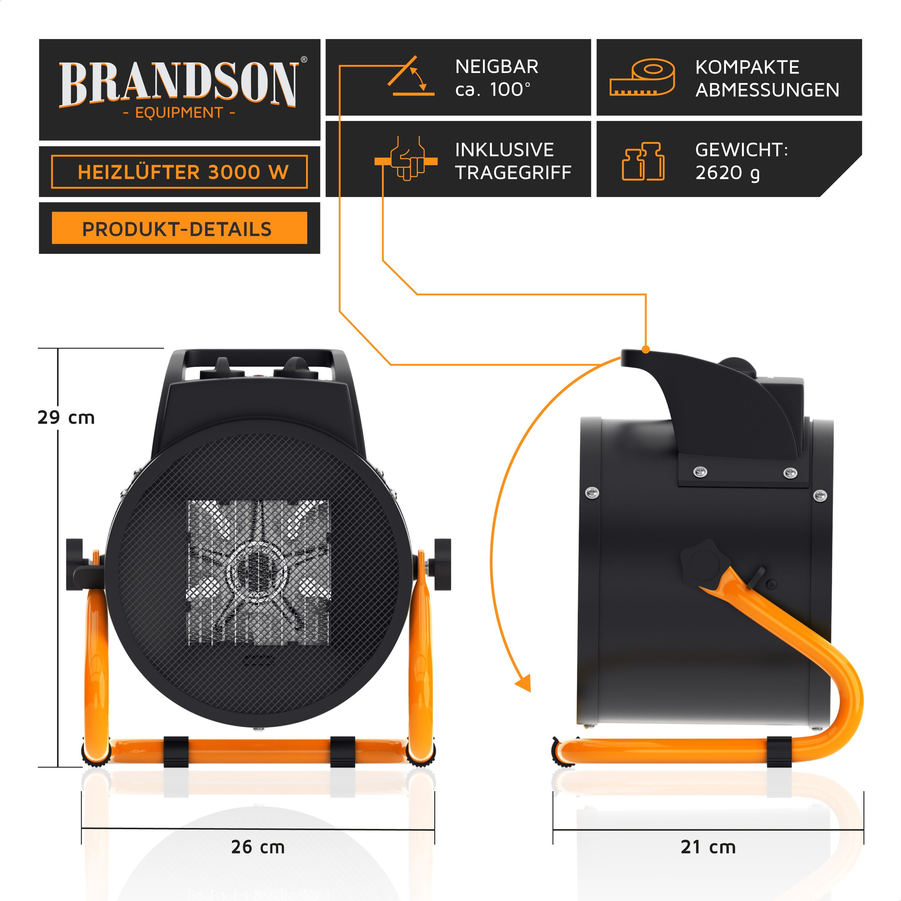 Brandson W, 3000 Keramikheizlüfter, 3 kW Heizgebläse Baustellen / Heizlüfter - Elektroheizgebläse Keramik schwarz/orange