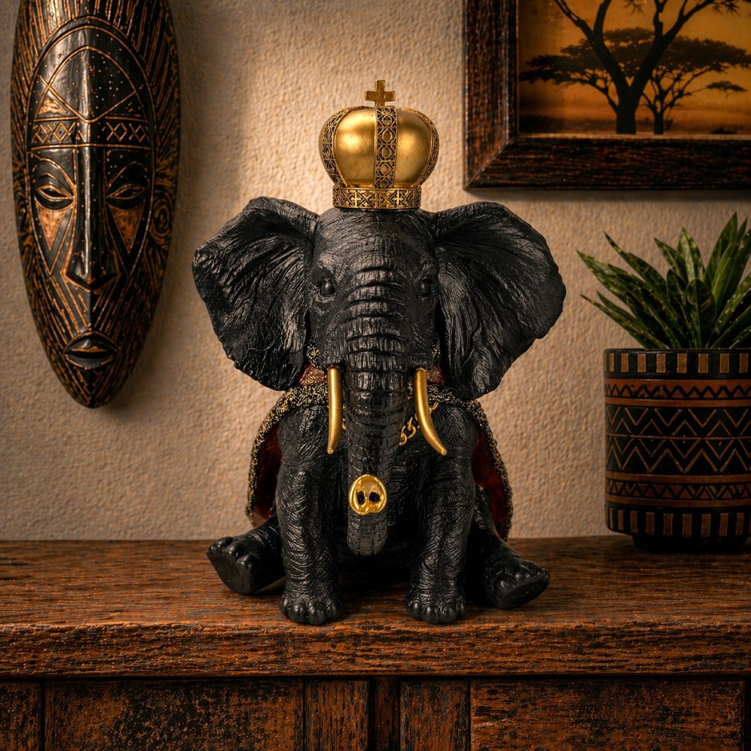 Online-Fuchs Dekofigur Elefant im königlichen Design mit Krone - Dekoration Afrika (37,5 cm groß, auch als Gartenfigur im Außenbereich geeigent), detailreiche Verarbeitung und fein ausgearbeitete Strukturen